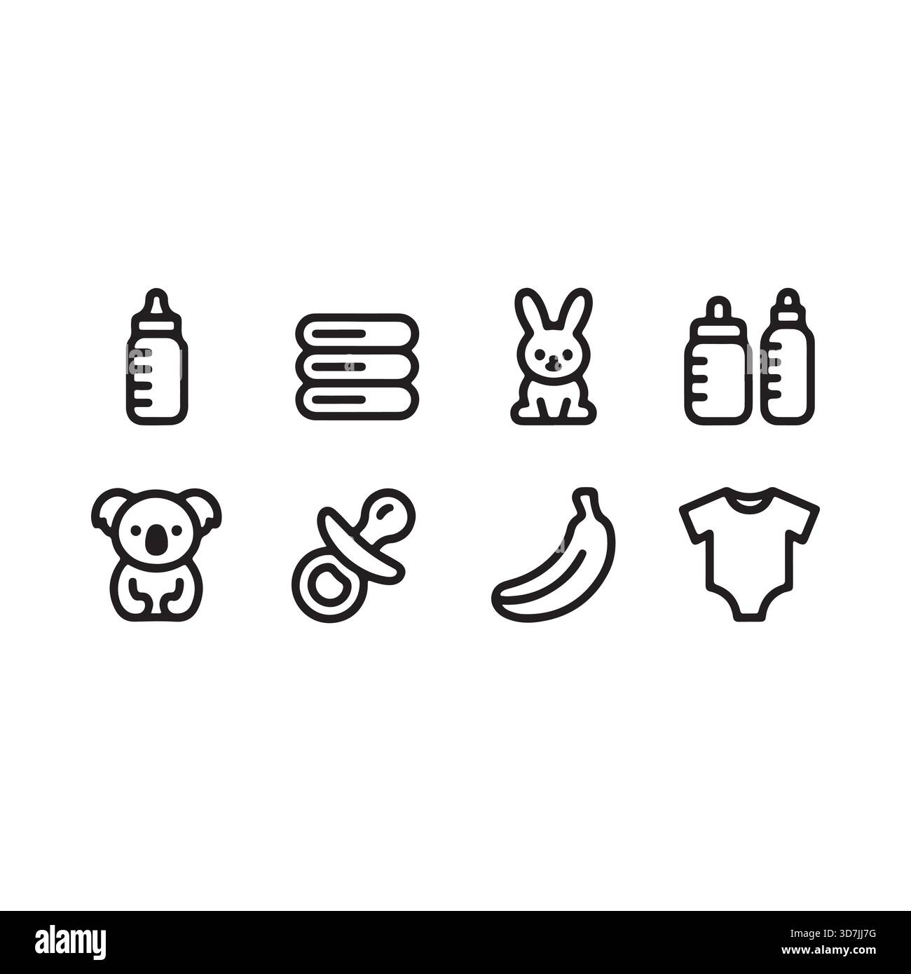 Une collection d'adorables articles pour bébé comprenant des biberons, une sucette, une combinaison, un koala, un lapin, une banane, et des serviettes pliées. Illustration de Vecteur