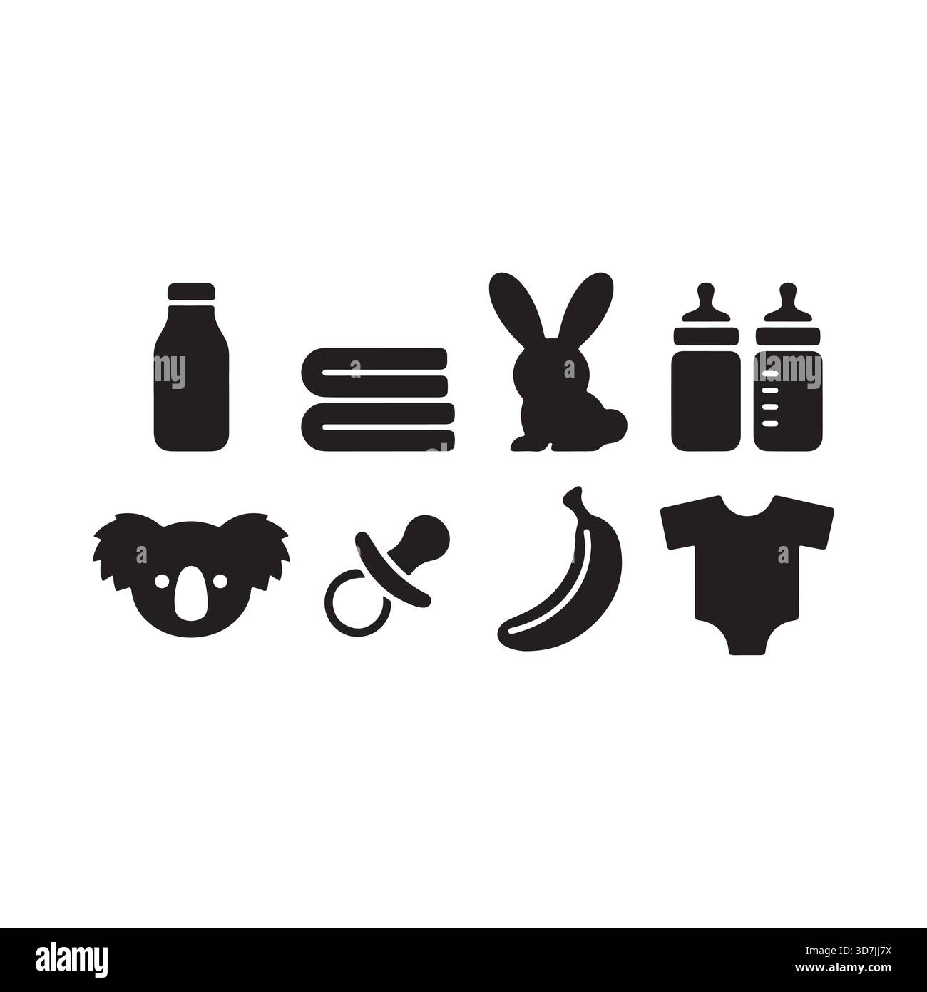 Une collection d'adorables articles pour bébé comprenant des biberons, une sucette, une combinaison, un koala, un lapin, une banane, et des serviettes pliées. Illustration de Vecteur