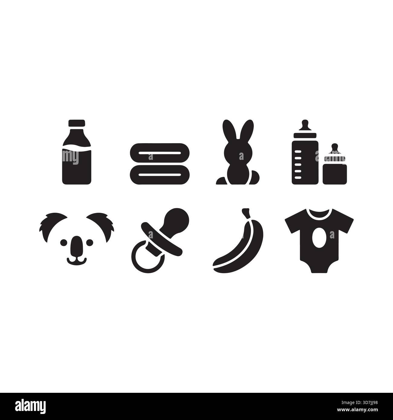 Une collection d'adorables articles pour bébé comprenant des biberons, une sucette, une combinaison, un koala, un lapin, une banane, et des serviettes pliées. Illustration de Vecteur