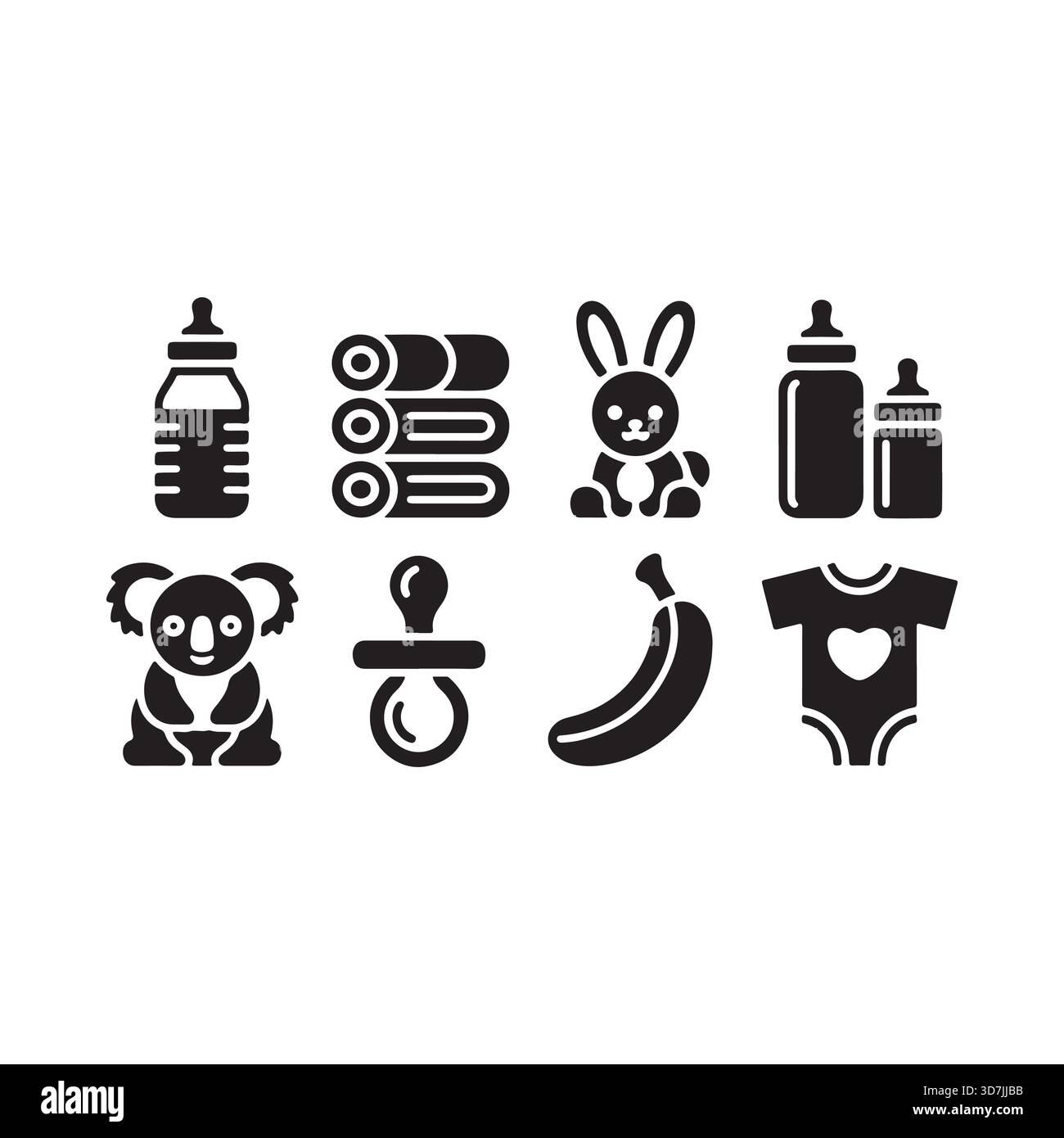 Une collection d'adorables articles pour bébé comprenant des biberons, une sucette, une combinaison, un koala, un lapin, une banane, et des serviettes pliées. Illustration de Vecteur