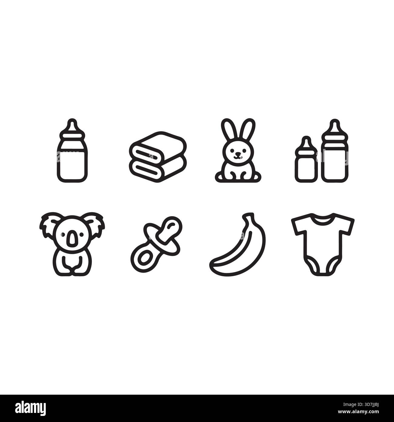 Une collection d'adorables articles pour bébé comprenant des biberons, une sucette, une combinaison, un koala, un lapin, une banane, et des serviettes pliées. Illustration de Vecteur