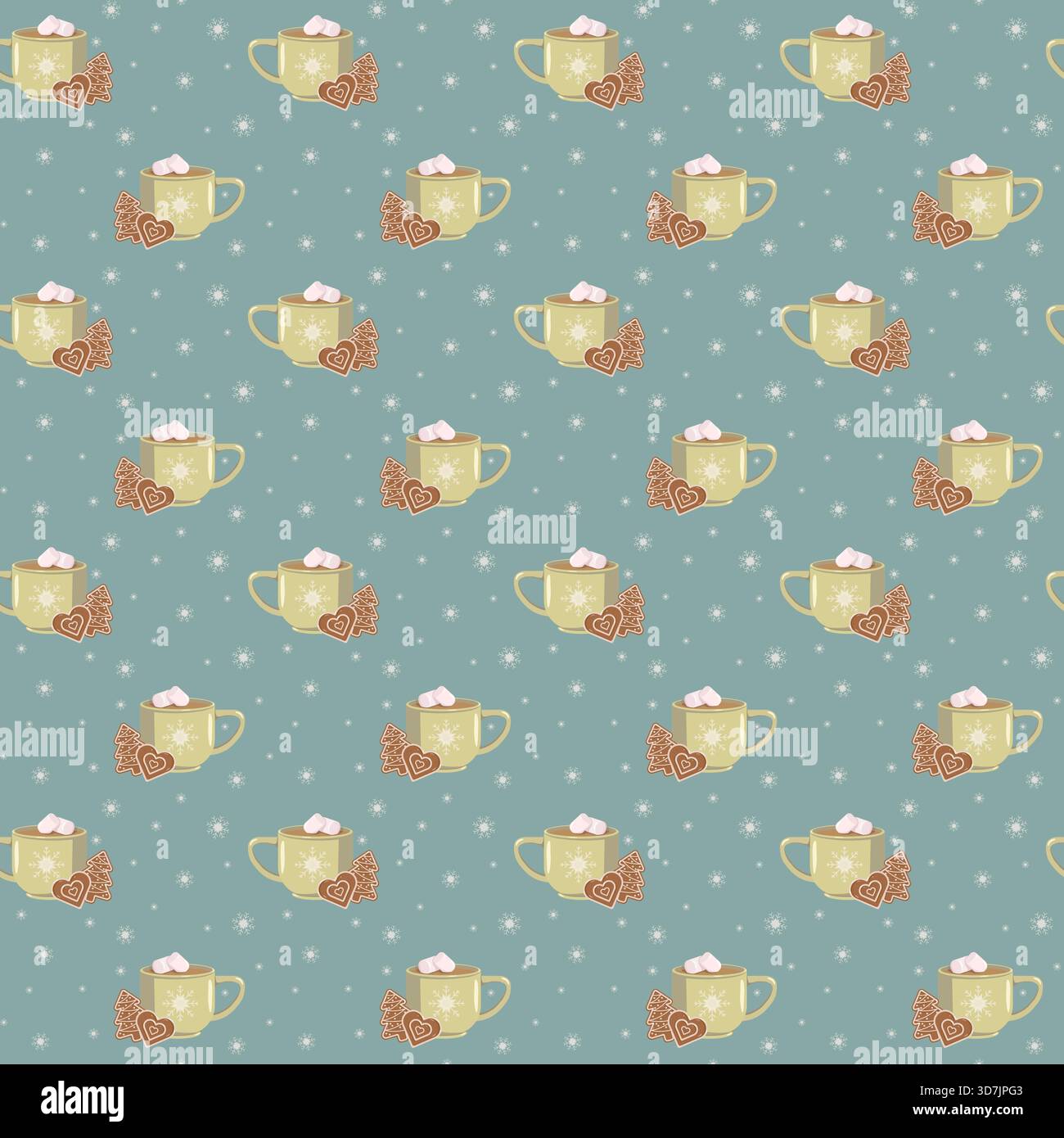 Motif festif sans couture avec des tasses jaunes de chocolat chaud et de guimauves, des coeurs en pain d'épices et des arbres sur un fond sarcelle avec des flocons de neige Illustration de Vecteur