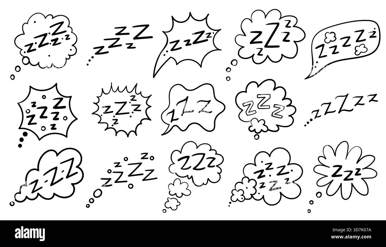 Ensemble de sons zzzz dans des bulles de conversation comiques, représentant des sons de sommeil et de ronflement. Style doodle dessiné à la main avec des lettres Z dans les nuages. Parfait pour b Illustration de Vecteur