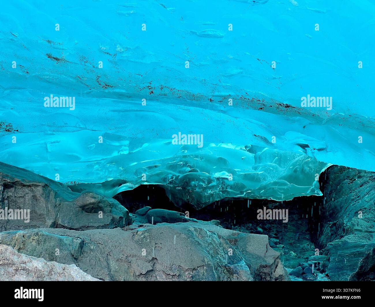 Embouchure d'une grotte de glace bleue au bord du glacier Svartisen au-dessus de roches apparentes à Nordland, dans le nord de la Norvège - Image de stock capturée avec un smartphone