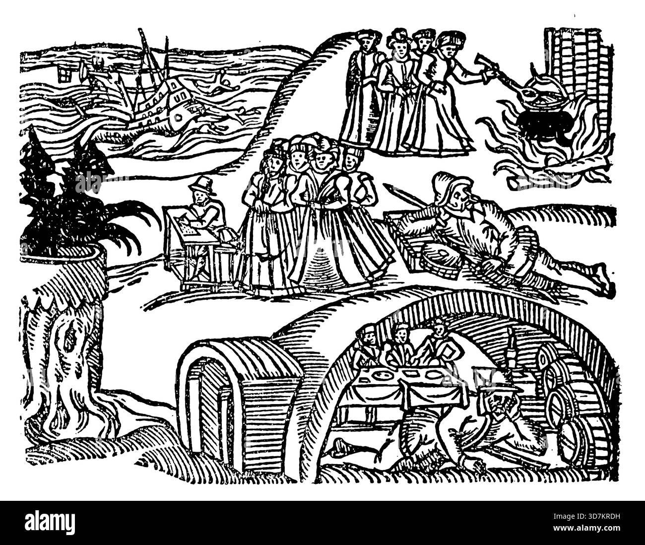 PROCÈS DES SORCIÈRES DE NORTH BEWICK 1590. Gravure sur bois du pamphlet de 1591 'Newes from Scotland' qui décrit les essais. Incorporé dans King James, le premier : Daemonologie (1597). Par Jacques Ier, roi d'Angleterre, 1566-1625 cet exemplaire est imprimé en 1924 Banque D'Images