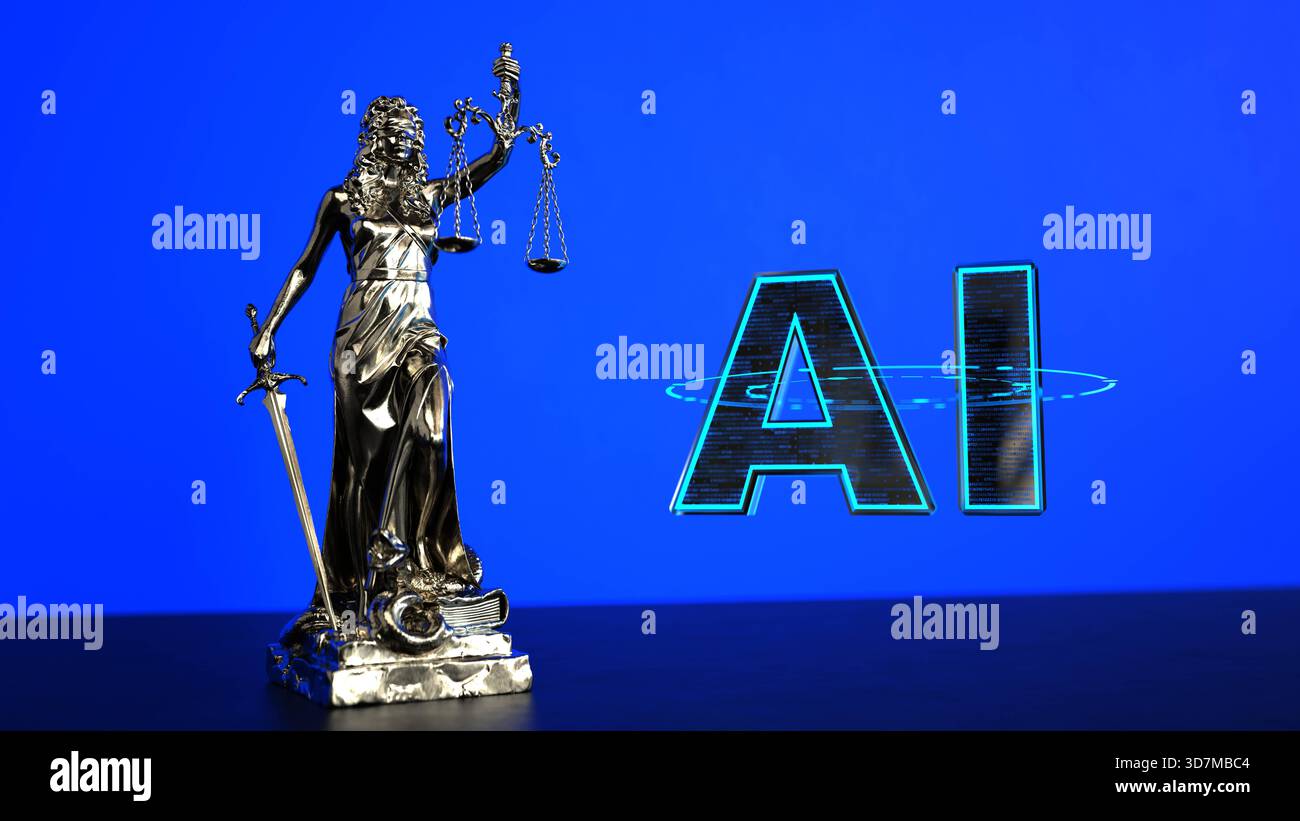 Illustration 3D Lady Justice Statue Stardust eu ai Act. AI Act couverture avec Lady Justice statue et le texte ai. illustration 3d. Banque D'Images