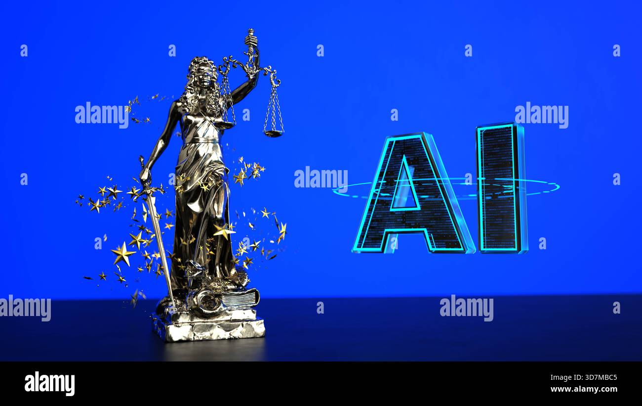 Illustration 3D Lady Justice Statue Stardust eu ai Act. AI Act couverture avec Lady Justice statue et le texte ai. illustration 3d. Banque D'Images