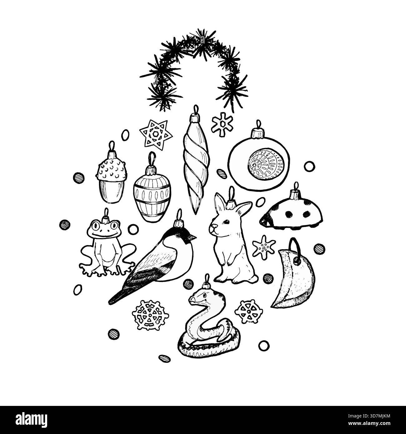 ? Composition de décorations d'arbre de Noël en forme de boule - glaçon, gland, taureau, serpent, lapin, coccinelle, flocons de neige, dessinés à la main dans des graphiques Banque D'Images