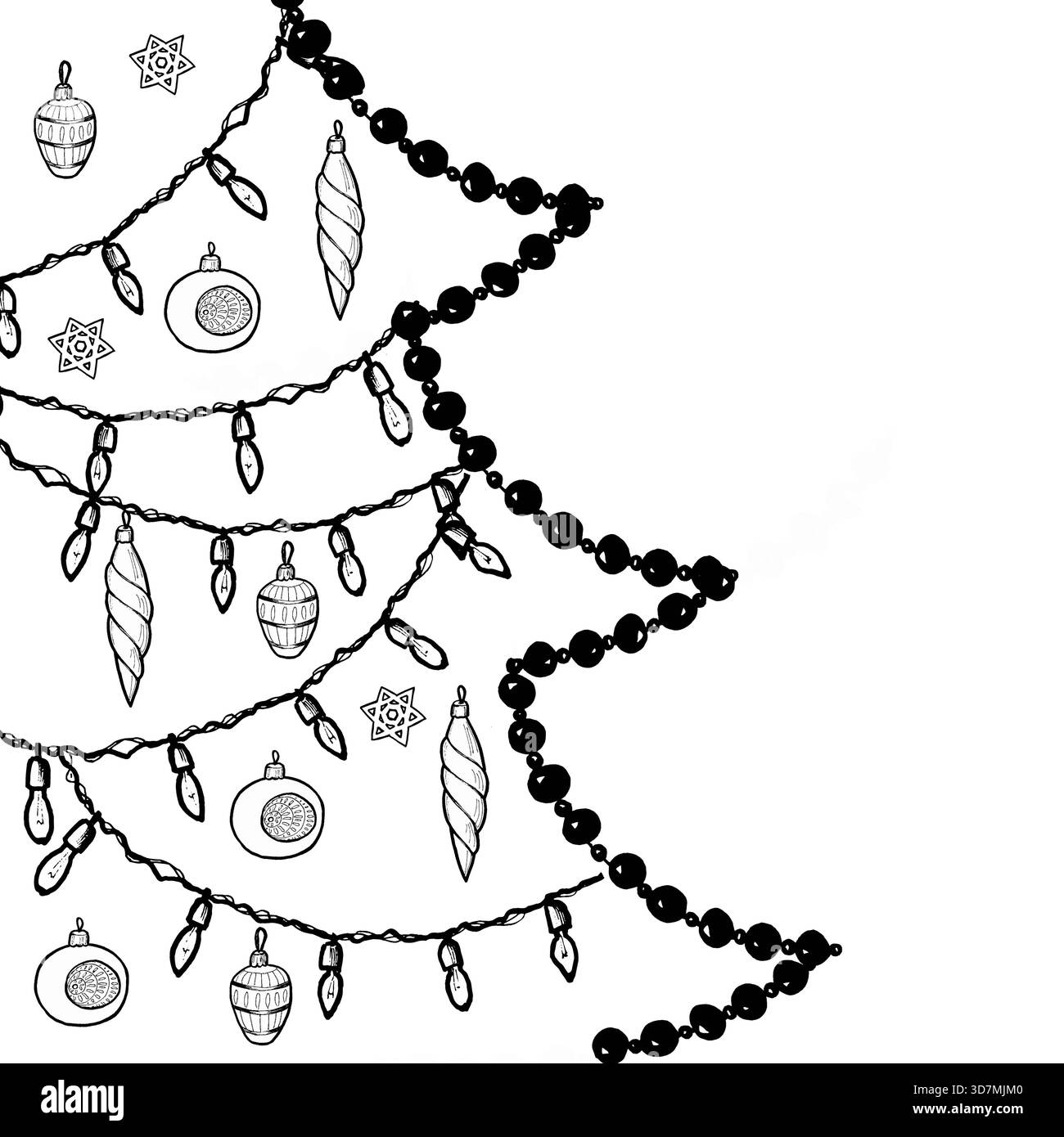 Arbre de Noël décoratif avec des jouets, guirlande et flocons de neige dessinés à la main sur un fond isolé pour les décorations du nouvel an, cartes, modèles, Banque D'Images