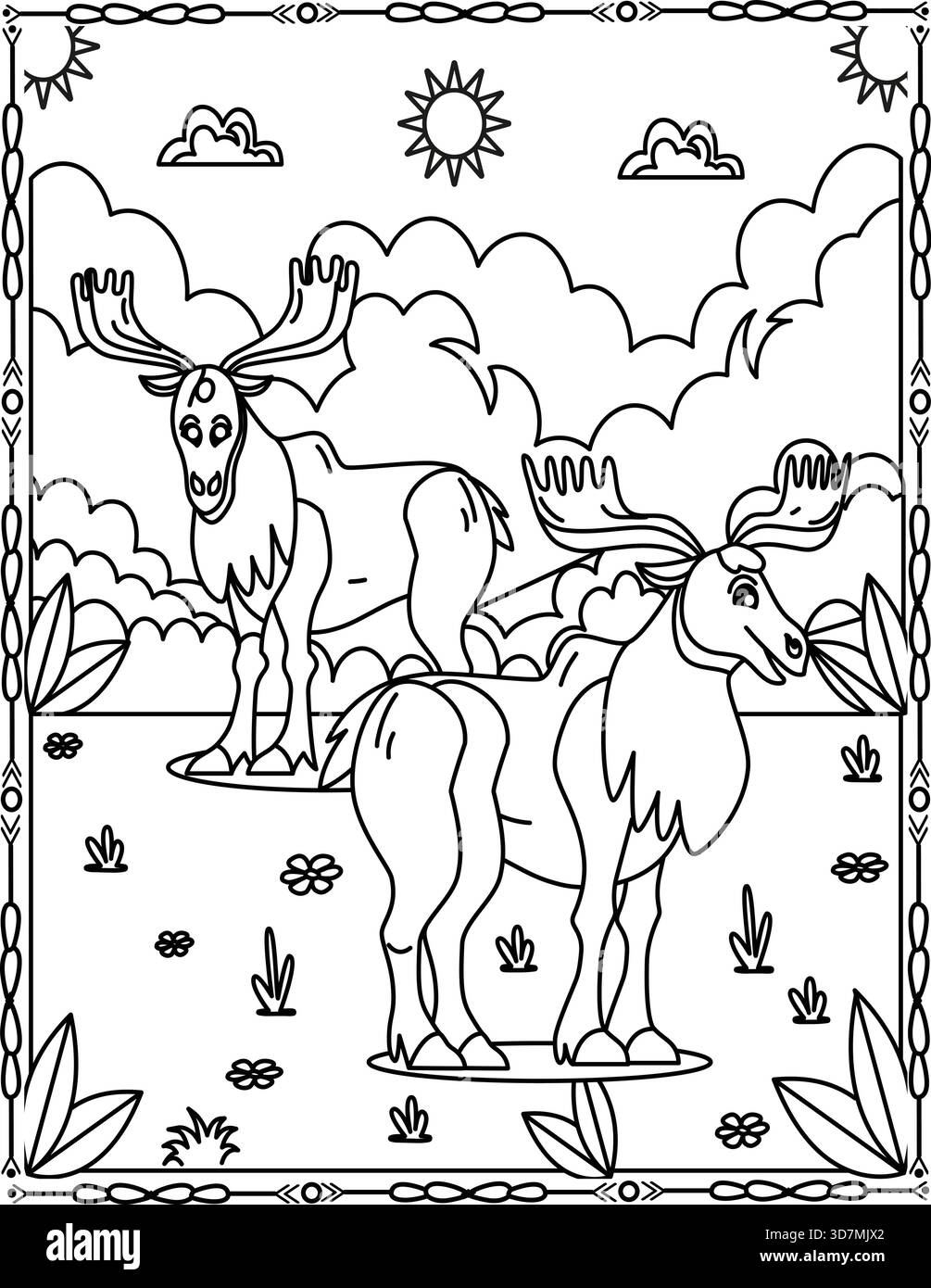 Majestic Moose Duo Coloring page pour enfants et adultes. Scène de la faune et de la flore de la forêt. Illustration de Vecteur