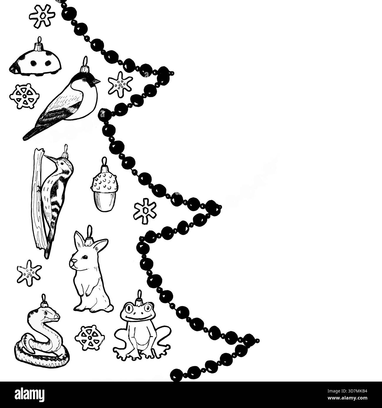 Arbre de Noël décoratif avec des jouets, guirlande et flocons de neige dessinés à la main sur un fond isolé pour les décorations du nouvel an, cartes, modèles, Banque D'Images