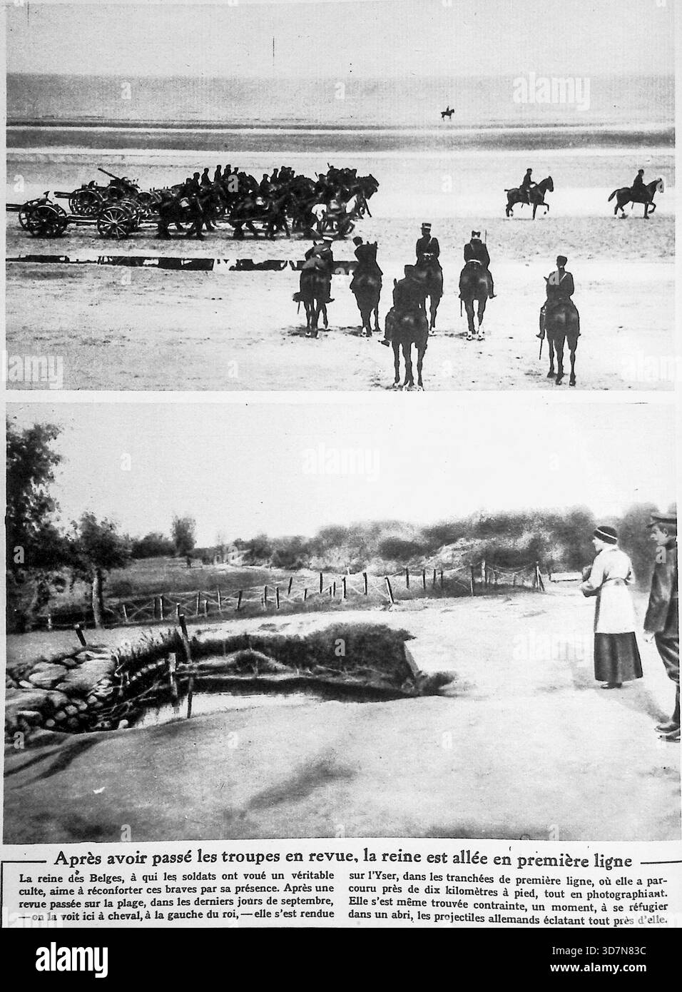 Cette page du miroir (10 octobre 1915) présente deux photographies illustrant le rôle actif de la reine Elisabeth de Belgique pendant la première Guerre mondiale. L'image du haut montre la cavalerie et l'artillerie belges sur la plage près du front d'Yser dans une revue militaire. L'image du bas montre la Reine (à droite) près des tranchées. Le titre note qu'après avoir passé en revue les troupes, la reine est allée sur la ligne de front, où elle a failli être touchée par des obus allemands, soulignant sa bravoure célèbre et son dévouement à soutenir ses soldats et les blessés, agissant souvent comme infirmière près de la zone de bataille d'Yser. Banque D'Images