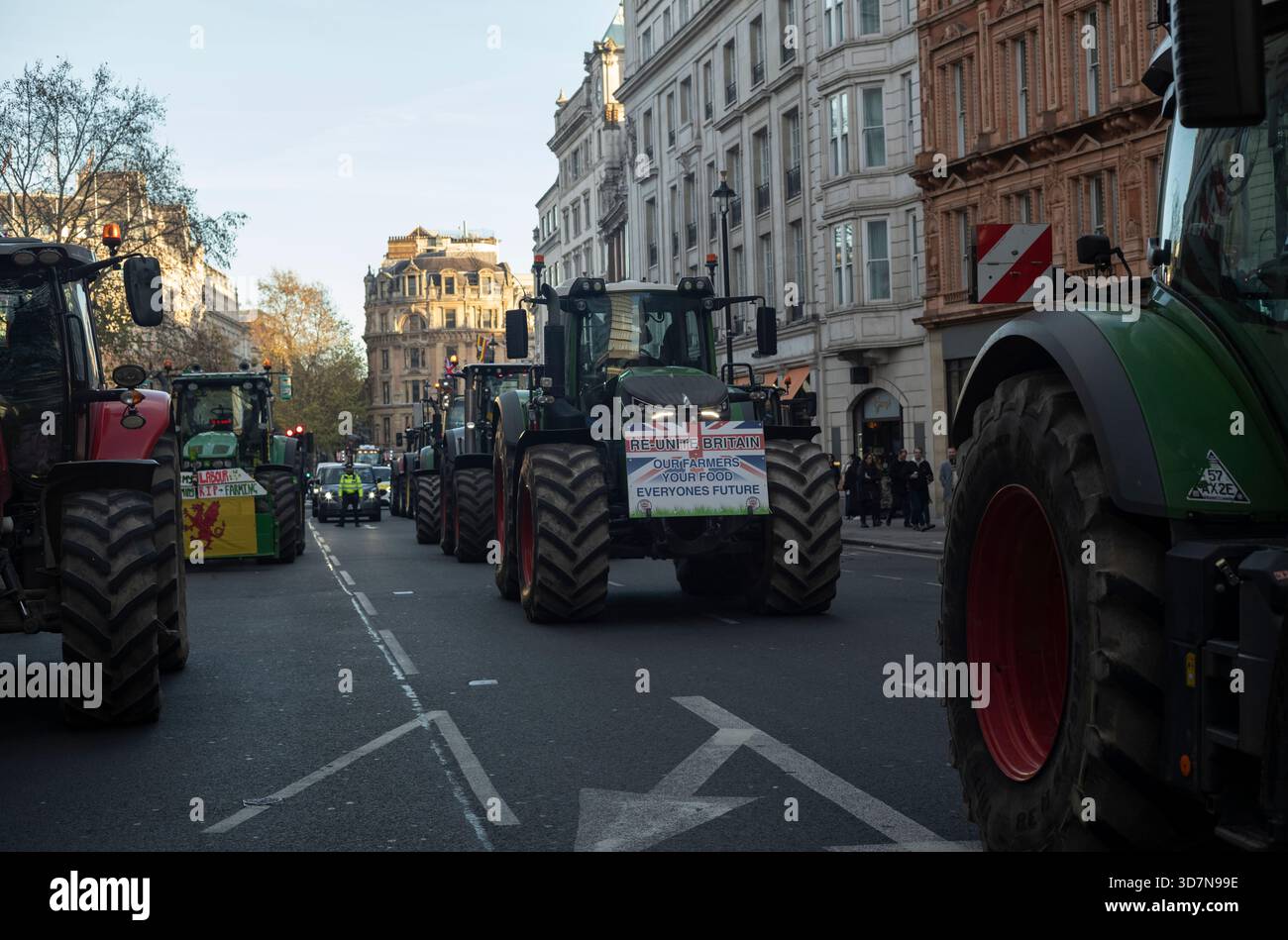 ROYAUME-UNI. 26 novembre 2025. MANIFESTATION DU JOUR DU BUDGET DES AGRICULTEURS BRITANNIQUES, LONDRES, ANGLETERRE, ROYAUME-UNI. Plusieurs personnes ont été arrêtées après que des fermiers ont conduit des tracteurs dans le centre de Londres malgré les restrictions de la police pour une manifestation du budget Day contre des projets visant à imposer des droits de succession aux entreprises agricoles d'une valeur de plus d'un million de livres sterling La police a pris la décision d'interdire les machines agricoles de Whitehall pour éviter les « perturbations graves » que les véhicules pourraient avoir causées. Deux tracteurs ont été saisis et emmenés par des agents de la police métropolitaine. 26 novembre 2025. Crédit : Jeff Gilbert/Alamy Live News Banque D'Images