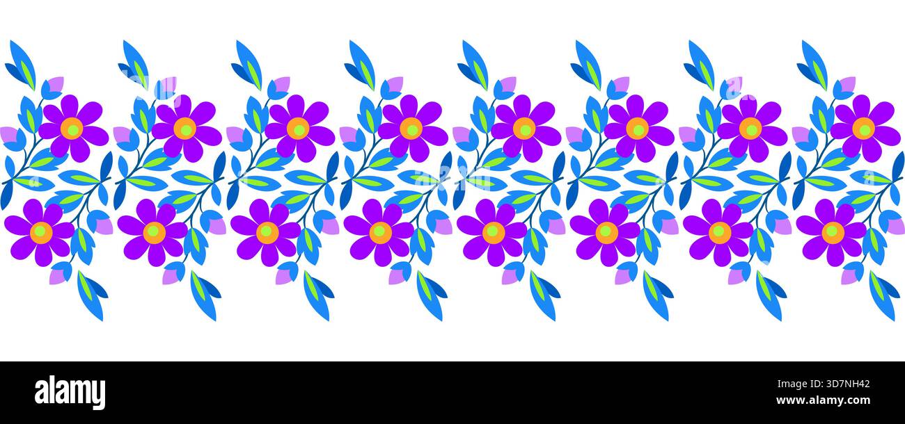 Bordure magique sans couture de fleurs. Ornement de plante sombre et lumineux. Fleurs bleues violettes sur fond noir. Décor linéaire floral pour textile, papier peint Illustration de Vecteur