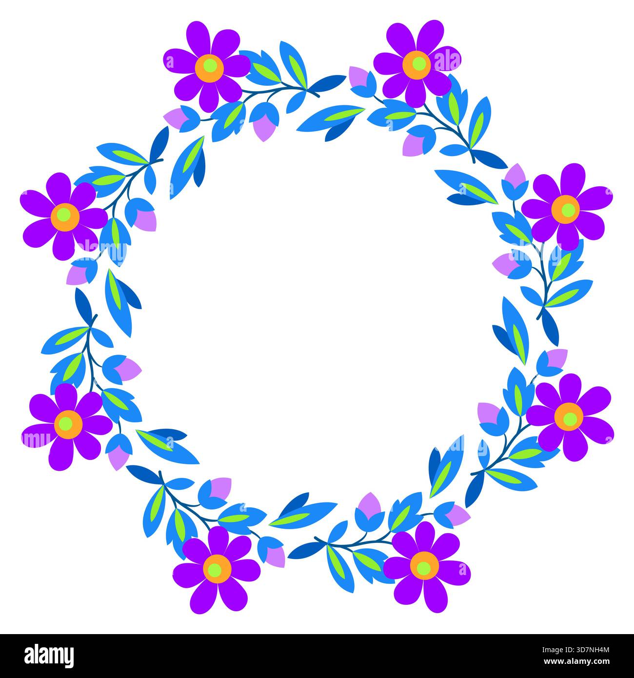 Cadre rond de fleurs. Couronne de fleurs d'été. Décoration mandala fleurie ronde lumineuse. Élément de conception de fleurs bleues violettes sur fond blanc Illustration de Vecteur