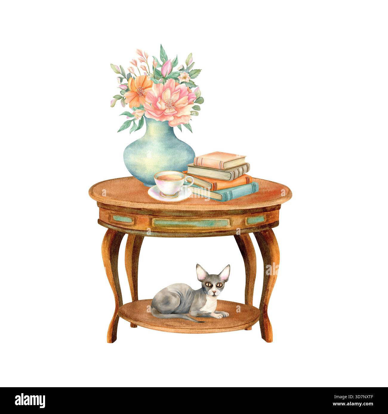 Intérieur confortable avec chat sphynx. Pile de livres, tasse de thé, vase de fleurs sur table vintage ronde en bois. Illustration isolée à l'aquarelle, main Banque D'Images