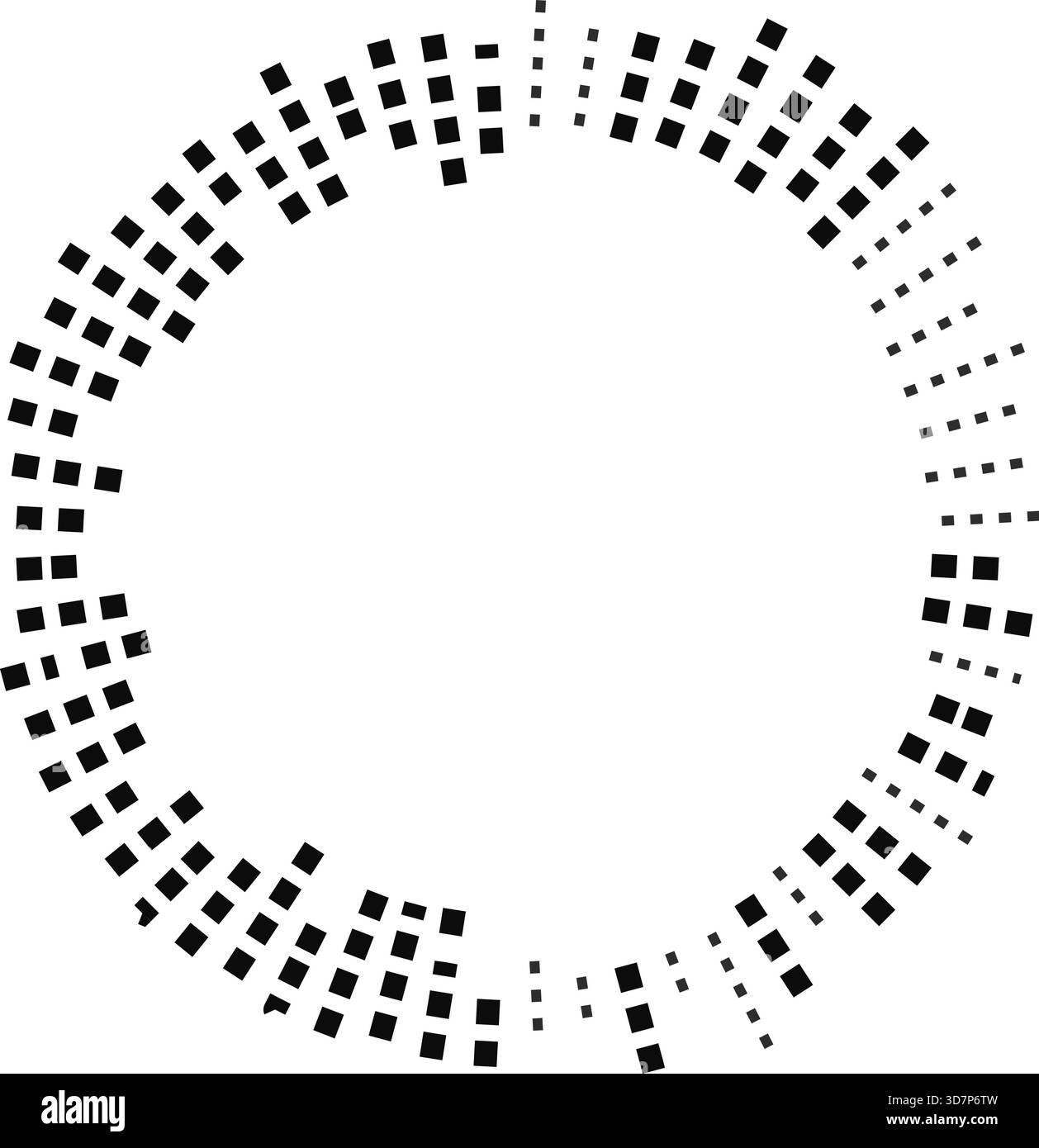 Composition circulaire comportant des rayons irréguliers faits de carrés, rayonnant la moitié à l'intérieur et la moitié à l'extérieur d'un cercle central vide. Illustration de Vecteur