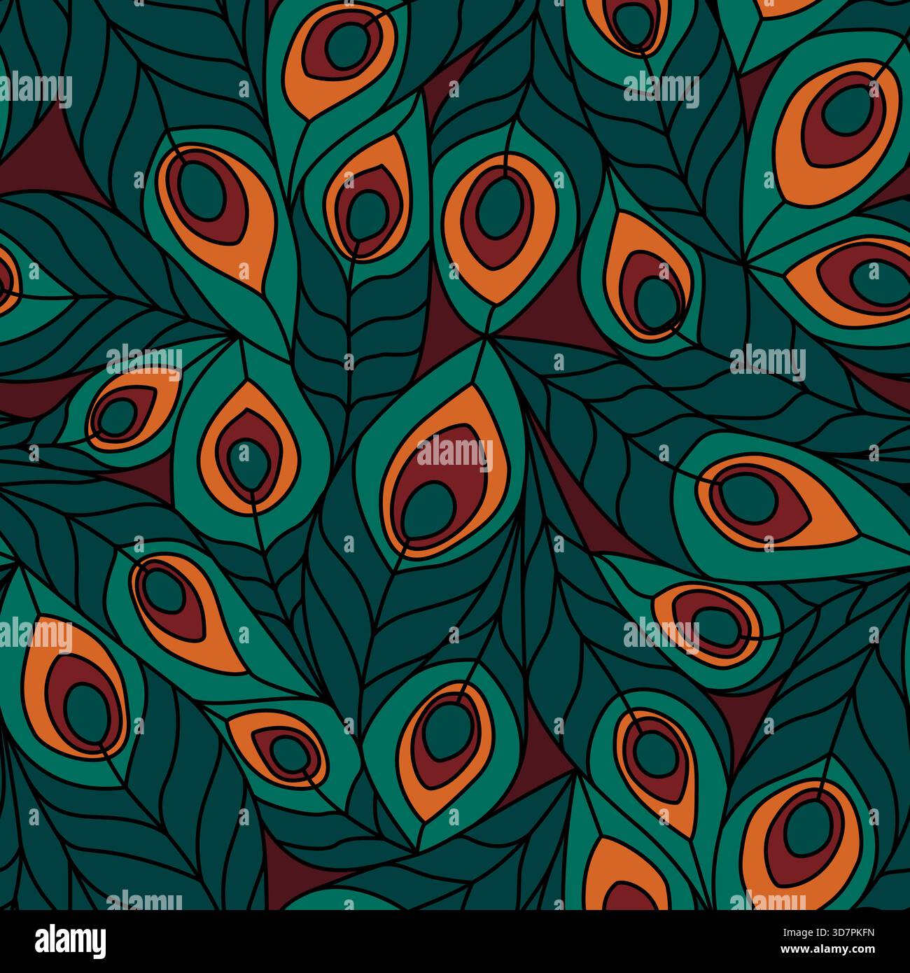 Peacock Feathers coloré abstrait art nouveau motif sans couture de vitrail. Symbole de plume d'oiseau dessiné à la main illustration lumineuse. Imprimés en matières textiles, Banque D'Images