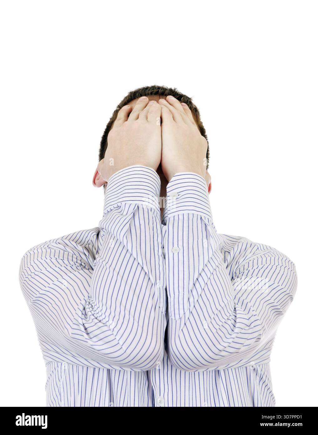 Adolescent triste sur le fond blanc cacher son visage Banque D'Images