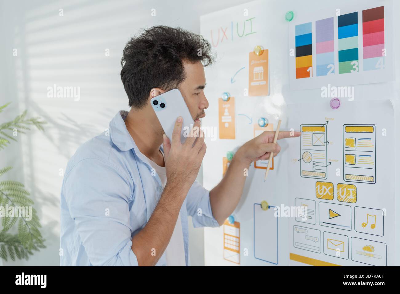 Un concepteur créatif travaille sur la planification UX/UI, analysant des croquis et des prototypes sur un tableau blanc tout en utilisant un ordinateur portable. Le processus montre la pensée de conception Banque D'Images