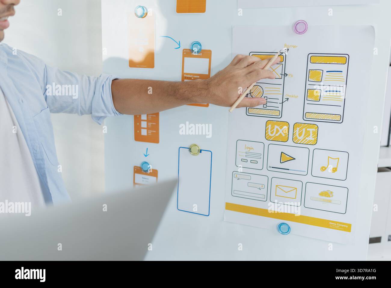 Un concepteur créatif travaille sur la planification UX/UI, analysant des croquis et des prototypes sur un tableau blanc tout en utilisant un ordinateur portable. Le processus montre la pensée de conception Banque D'Images