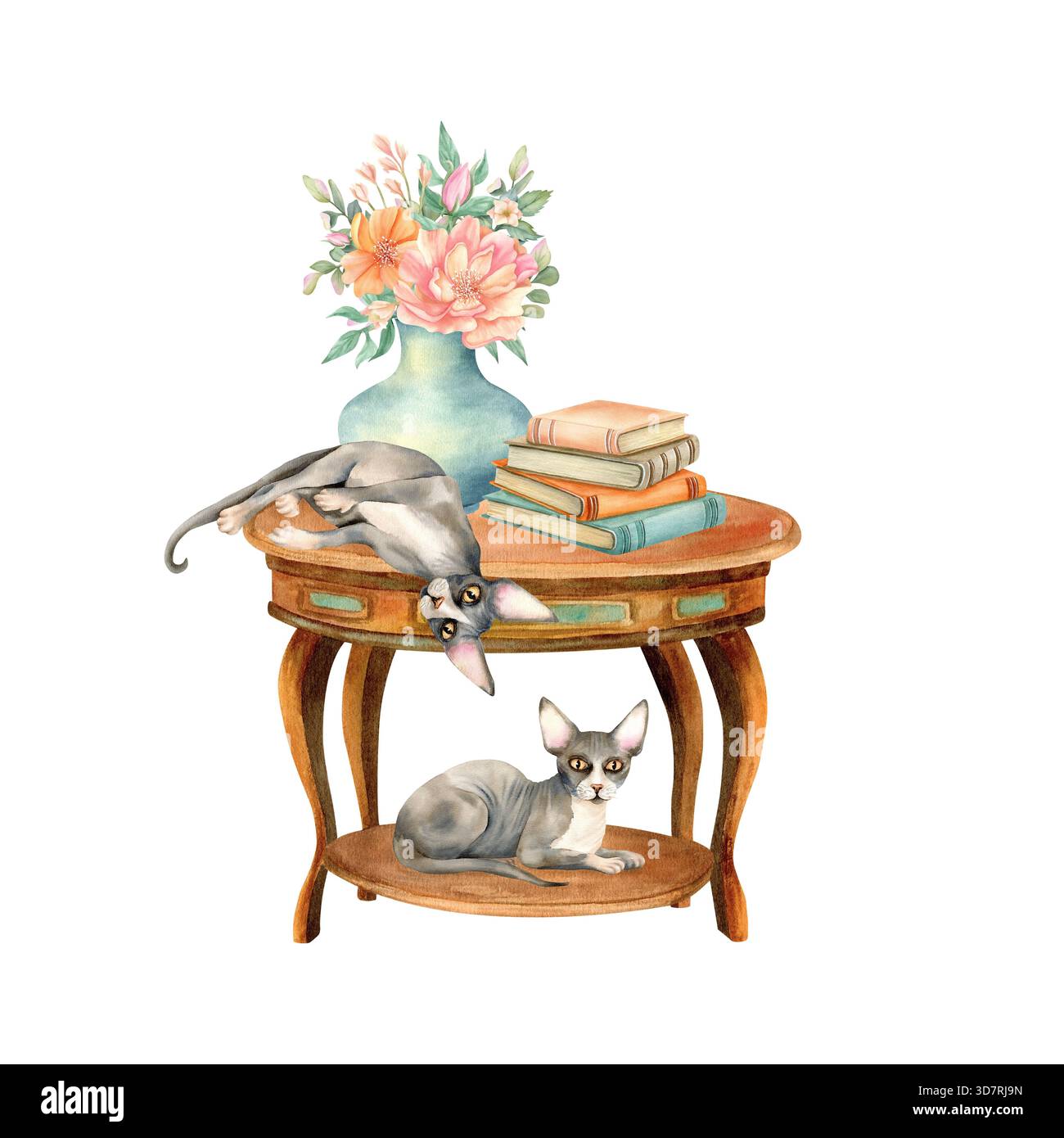 Deux chat sphynx sur une table vintage ronde en bois avec pile de livres et vase de fleurs. Intérieur confortable avec animal de compagnie. Illustration isolée à l'aquarelle Banque D'Images