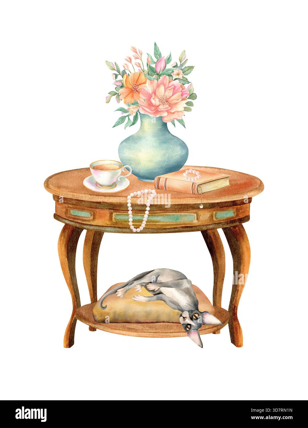 Fragment intérieur avec animal de compagnie, livre sur table rétro, tasse de thé, vase avec fleurs et bijoux en perles. Chat Sphynx pendu vers le bas de la literie des animaux Banque D'Images