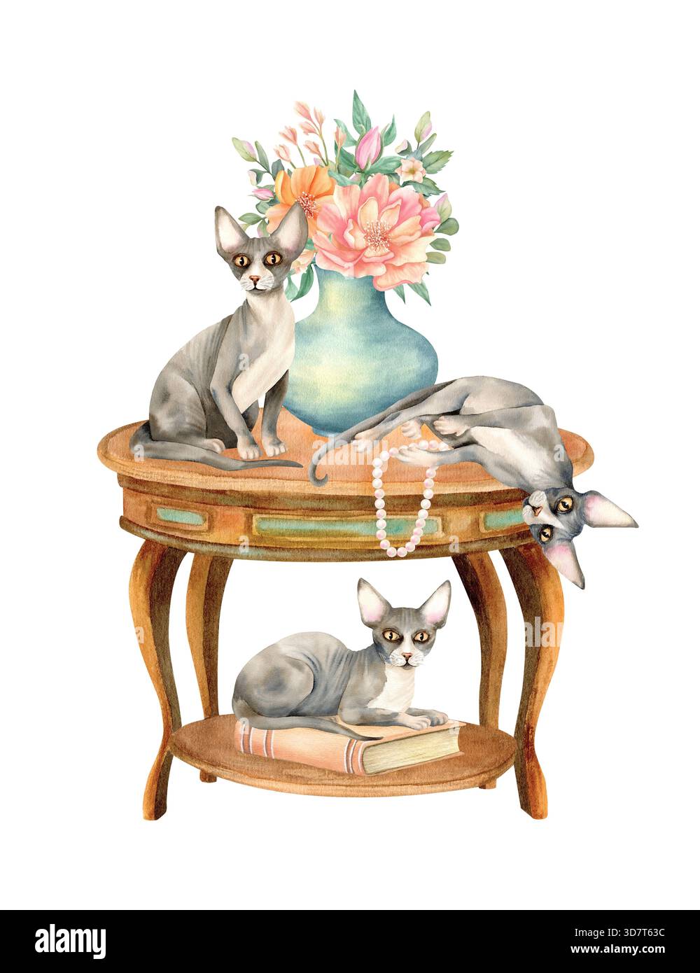 Composition vintage intérieure confortable avec trois chats sphynx, table ronde rétro en bois, vase fleurs et bijoux en perles. Animal domestique sur les meubles Banque D'Images