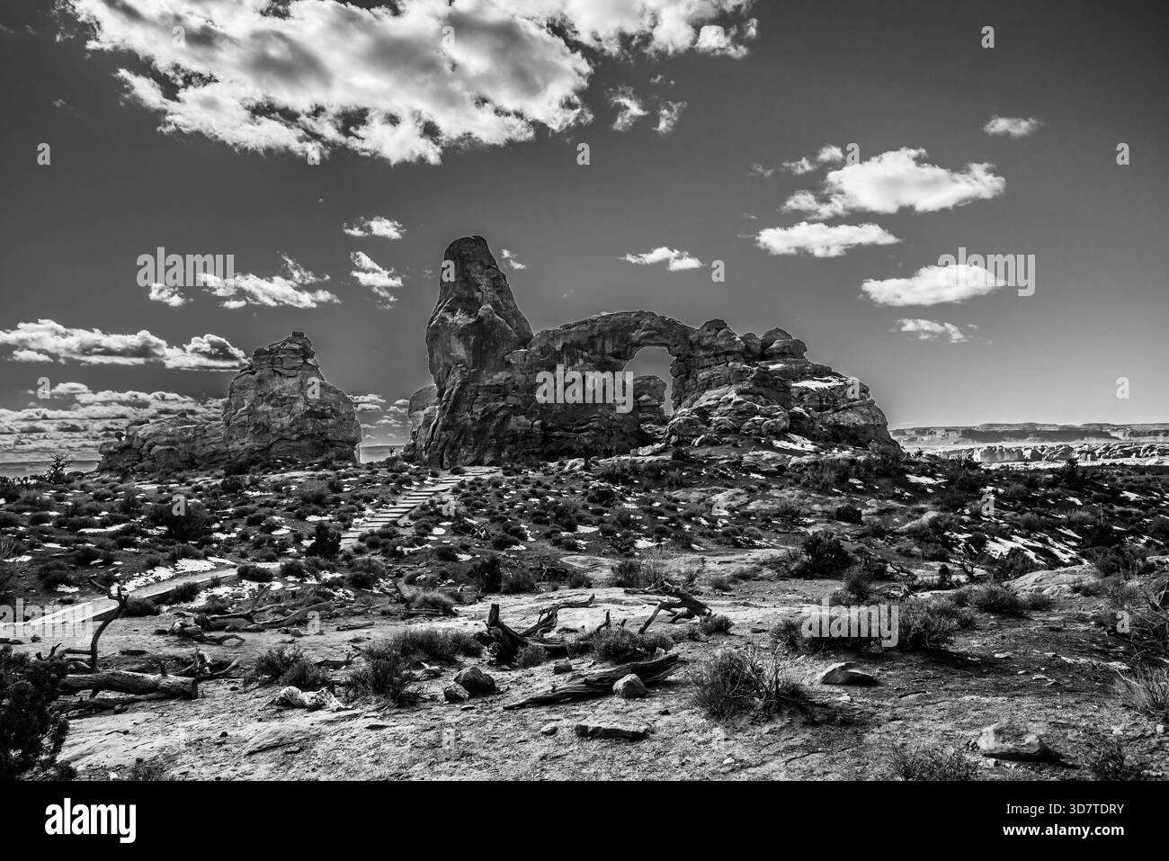 Vue colorée sur le parc national d'Arches, Utah, avec ses arches de grès rouge emblématiques et ses formations rocheuses spectaculaires. Banque D'Images