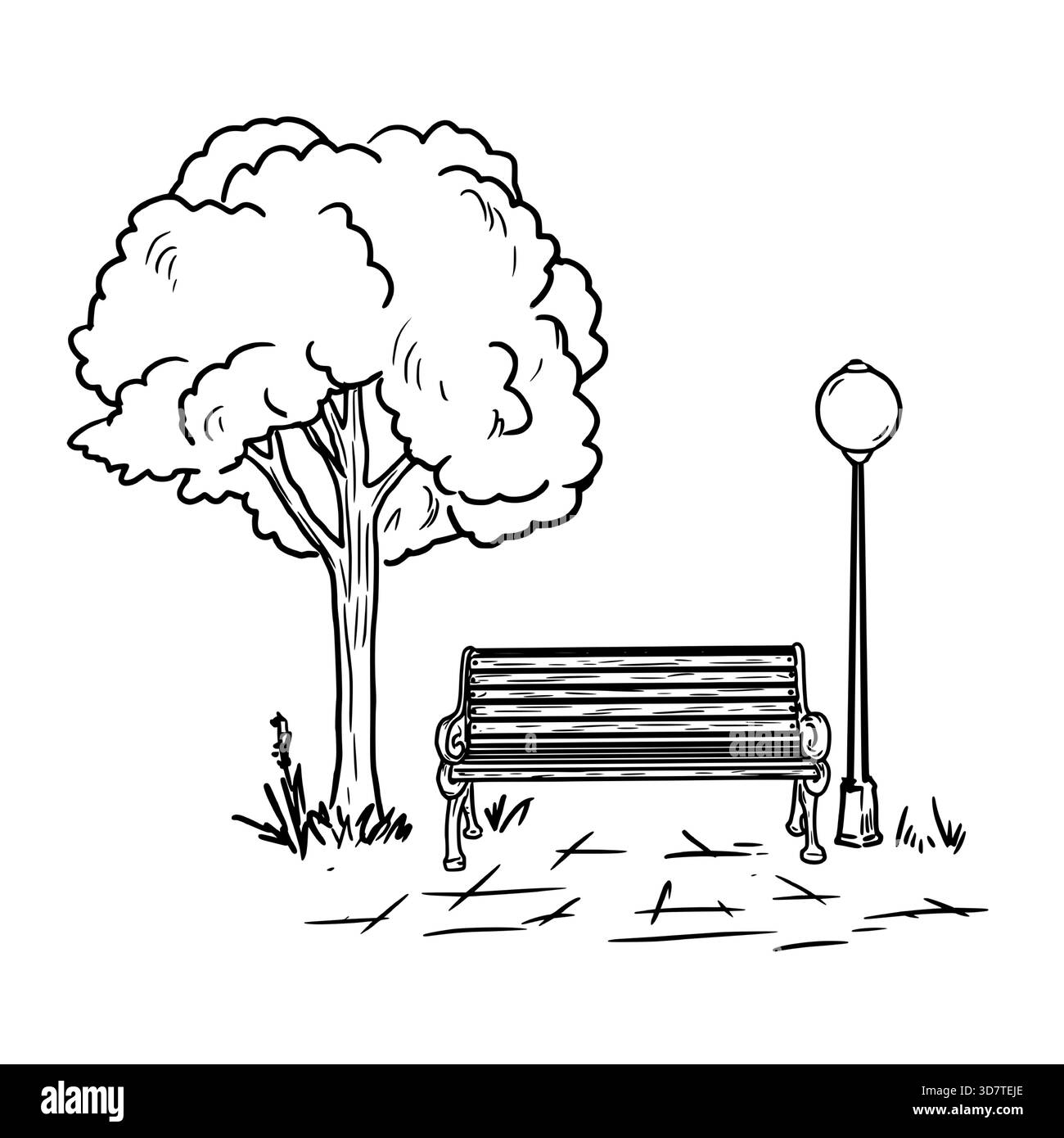 Un arbre et une lanterne de parc, un parterre de fleurs avec des fleurs dans l'herbe, un croquis. Le dessin est dans un style simple, isolé sur un fond blanc. Allée de Illustration de Vecteur