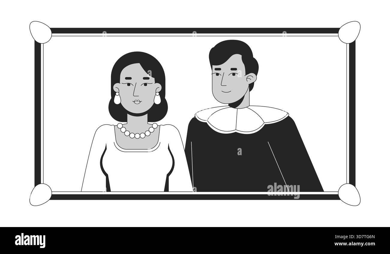 Couple noble dans des personnages de ligne 2D portrait encadrés vintage. Influence baroque. Mode d'époque. Vibe historique nobleman noblewoman isolé encre vectorielle Illustration de Vecteur