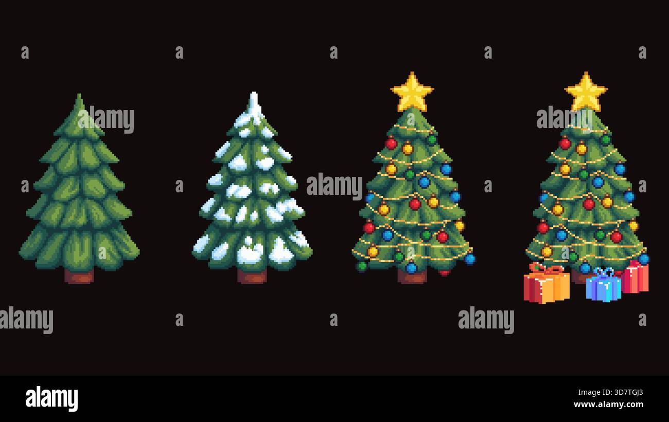 Ensemble d'arbre de Noël Pixel art avec des variations de vacances et d'hiver Illustration de Vecteur