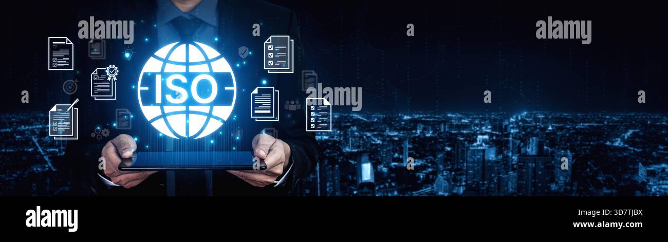 Concept de certification ISO pour la gestion de la qualité des entreprises. Cette norme internationale garantit la conformité, le contrôle des processus et l'assurance pour produ Banque D'Images