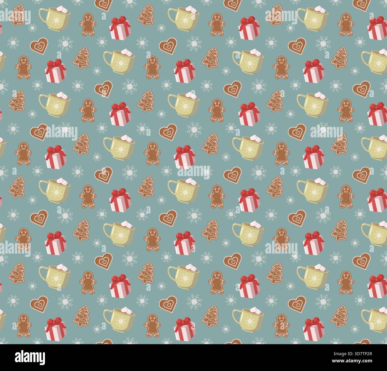 Motif de vacances sans couture avec des tasses jaunes de chocolat chaud, des boîtes cadeaux, des biscuits en pain d'épices, des coeurs, des flocons de neige Illustration de Vecteur
