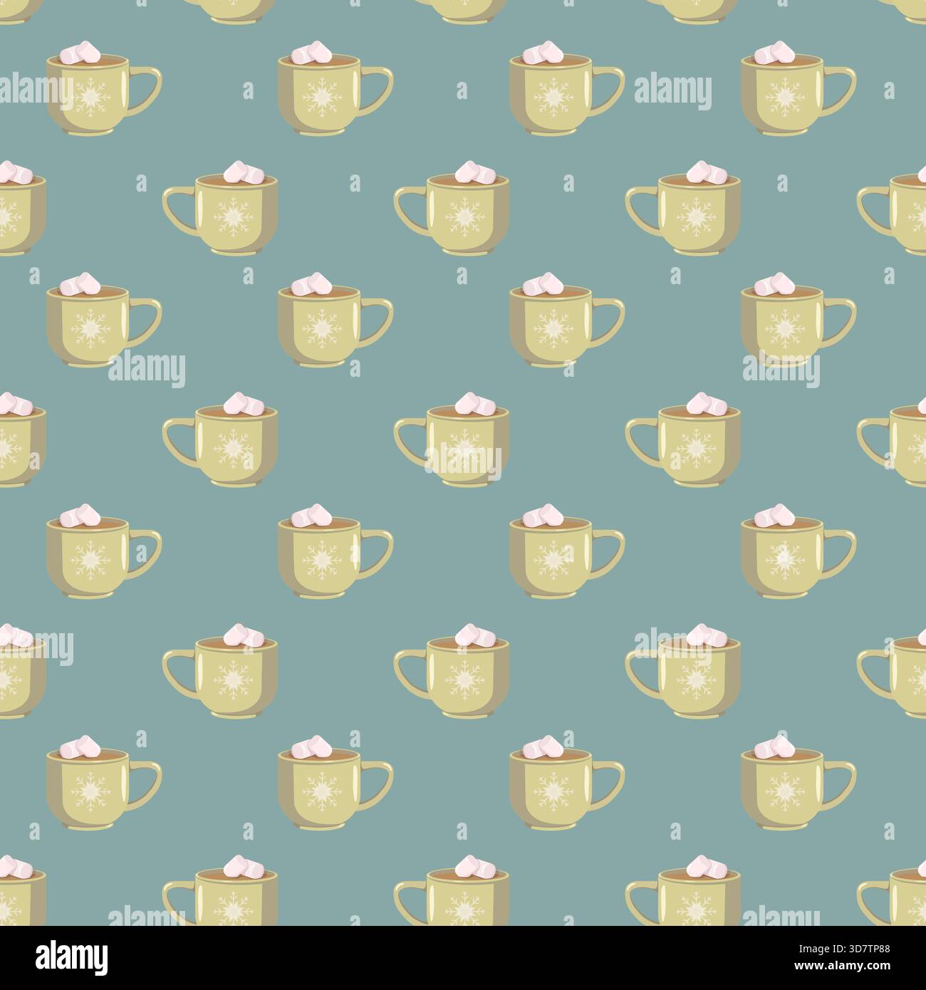 Motif sans couture avec des tasses jaunes de chocolat chaud et de guimauves sur un fond bleu. Illustration de boisson d'hiver confortable parfait pour Noël Illustration de Vecteur