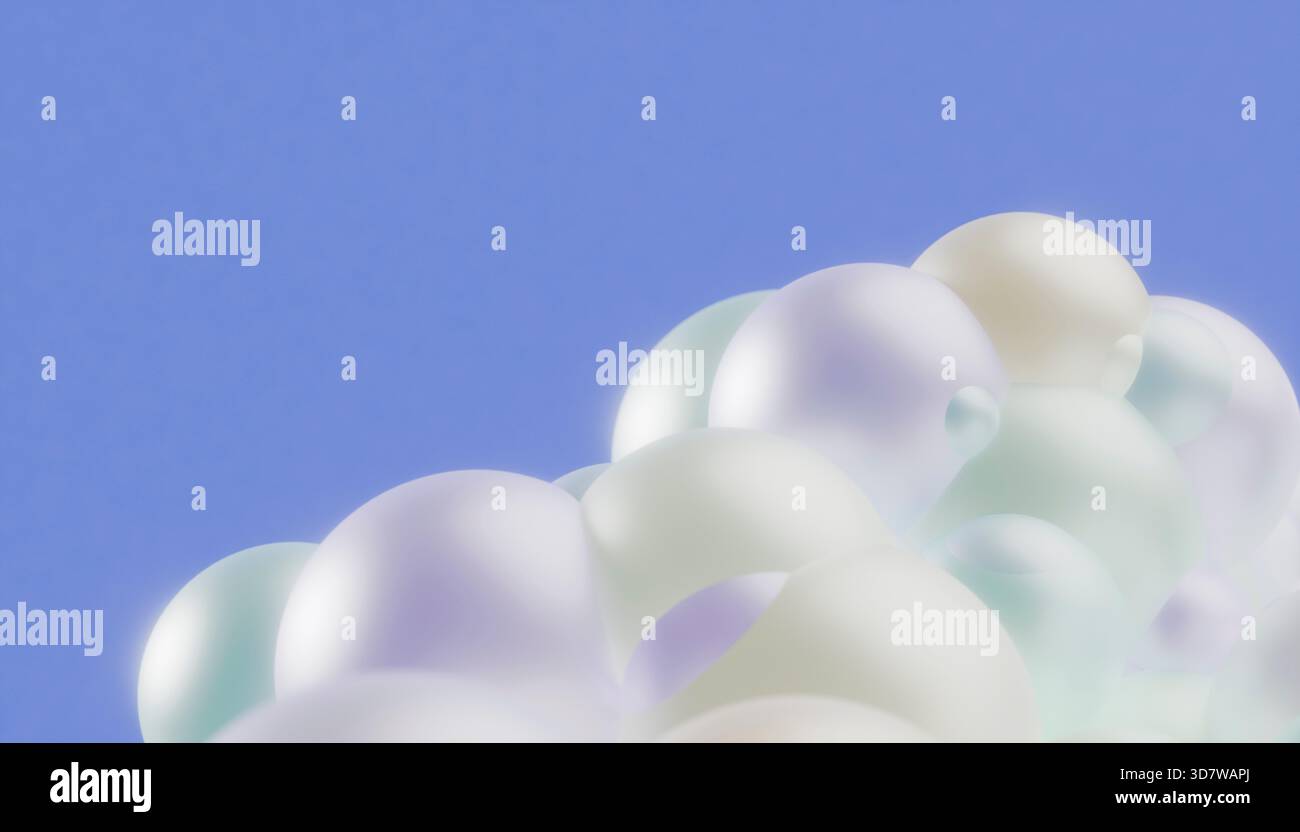 Les sphères pastel irisées se regroupent sur un fond bleu dégradé doux. Illustration, rendu Banque D'Images