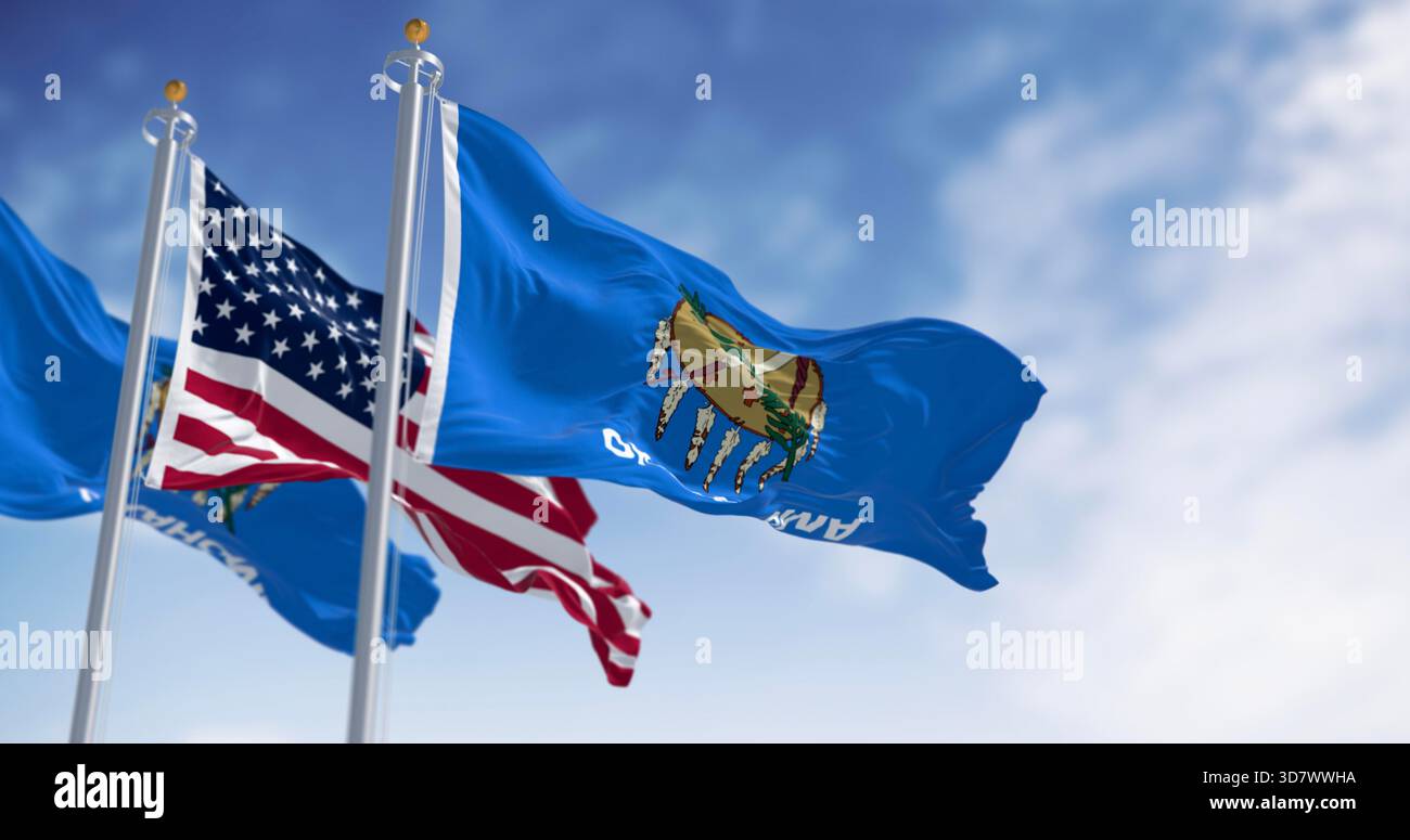Le drapeau de l'État de l'Oklahoma agitant le drapeau national américain. L'Oklahoma est un État de la région du Centre-Sud des États-Unis. rendu d'illustration 3d. Tissu ondulé Banque D'Images