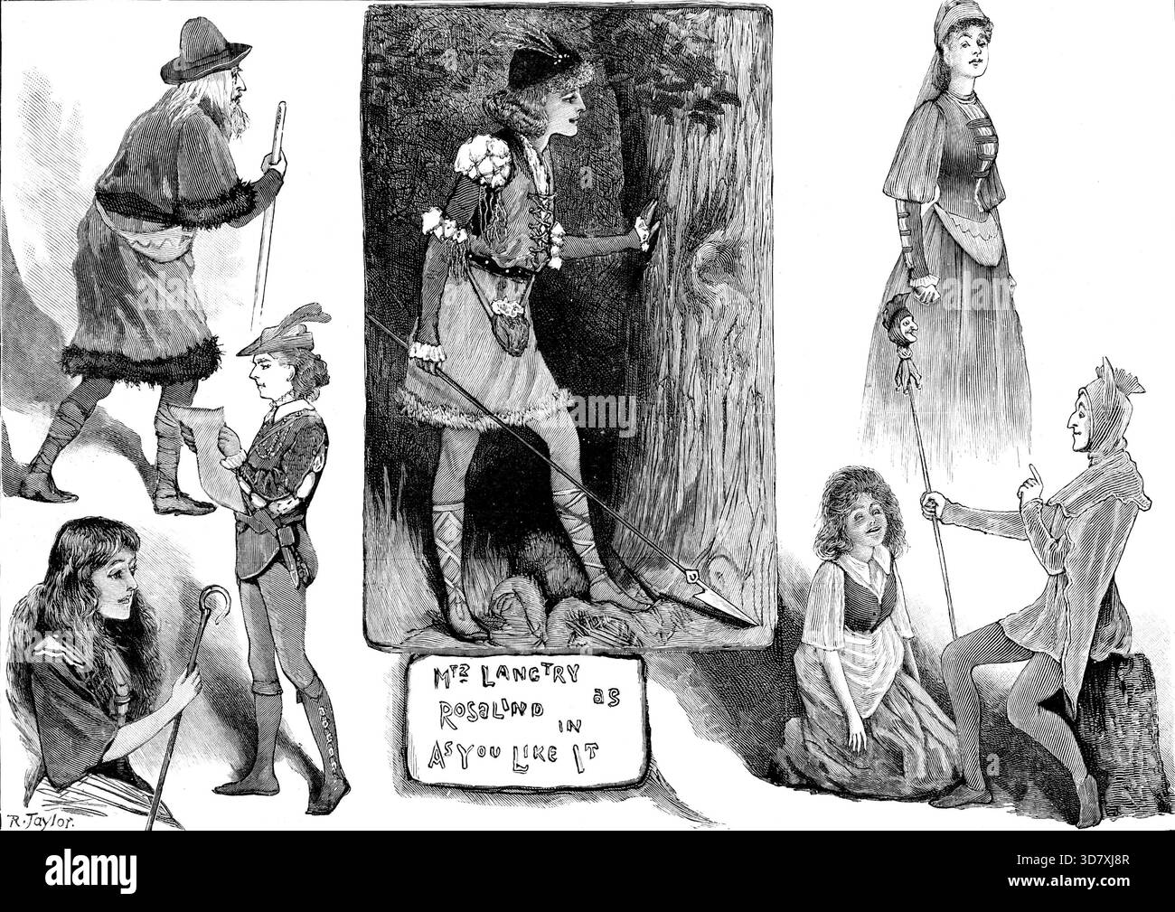 "As you like it", au Théâtre James, 1890. Production scénique de Londres. Adam (M.R. Fred. Everill) ; Celia (Miss Amy McNeil) ; MM. Langtry dans le rôle de Rosalind ; Phebe (Miss Beatrice Lamb) ; Silvius (MM. Matthew Brodie) ; Audrey (Mlle Marion Lea) ; Touchstone (MM. Charles Sugden)... la nuit d'ouverture de la délicieuse comédie forestière de Shakspeare... les charmantes scènes forestières [ont] été mises en scène dans une clairière poétique magnifiquement peintes par MM. Bruce Smith. Plutôt exagéré était l'émotion désespérée de Rosalind tout en regardant anxieusement le combat de lutte de Slender Orlando... mais, une fois banni avec la fidèle Celia to Banque D'Images