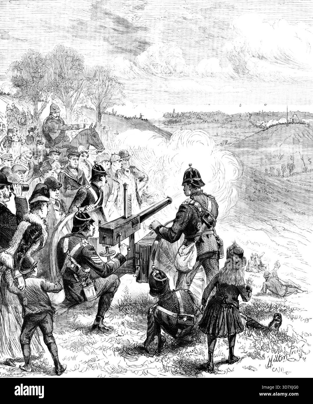 Les manœuvres des volontaires de Pâques : défaite de la force d'invasion à Summerhouse Hill, Folkestone, 1890. Exercices d'entraînement de l'armée britannique - les membres du public regardant la mitrailleuse en action. 'Les manœuvres à Folkestone ont pris fin avec un faux combat dans le quartier du camp de César. Un temps lourd et squally a régné pendant tout le temps. La South London Volunteer Brigade a été divisée en une force d'invasion et de défense... la force d'invasion a marché le long des collines dans une tempête de vent et de pluie, et a pris une position forte au camp de César, à partir de laquelle les défenseurs ont tenté de se désengager Banque D'Images