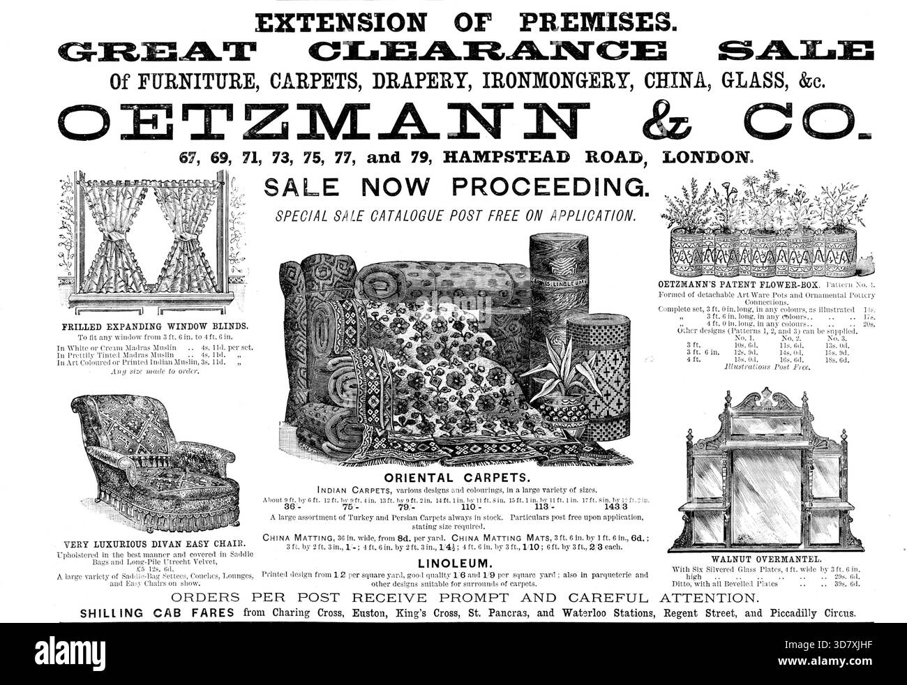 Publicité pour Oetzmann &amp ; Code Soldes de liquidation exceptionnelle, 1890. 'EXTENSION DES LOCAUX. VENTE DE MEUBLES, TAPIS, DRAPERIE, QUINCAILLERIE, CHINE, GLASS, &AMP;C...VENTE SPÉCIALE CATALOGUE POSTÉ GRATUITEMENT SUR DEMANDE. STORES EXPANSIBLES À VOLANTS POUR FENÊTRES. Pour s'adapter à n'importe quelle fenêtre... en mousseline indienne colorée ou imprimée... FAUTEUIL DIVAN TRÈS LUXUEUX. Tapissé de la meilleure manière... TAPIS ORIENTAUX. Tapis indiens, divers motifs et coloris, dans une grande variété de tailles...Un grand assortiment de tapis de dinde et persan toujours en stock...LINOLÉUM. Motif imprimé...BOÎTE À FLEURS VERNISSÉE D'OETZMANN. Formé Banque D'Images