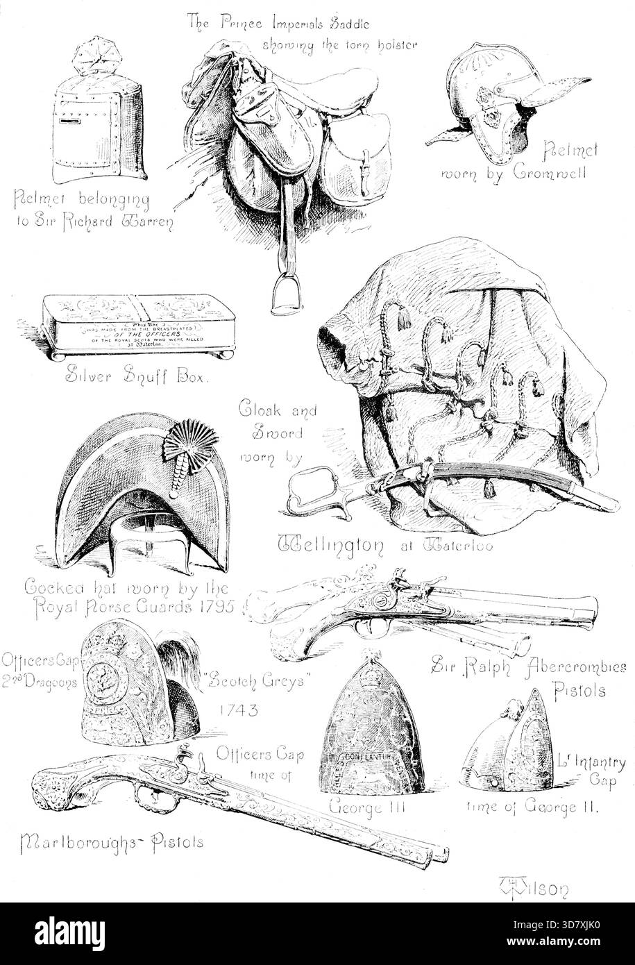 Exposition militaire royale à l'hôpital militaire royal de Chelsea, 1890. Casque appartenant à Sir Richard Warren ; la selle du Prince Imperial montrant l'étui déchiré ; casque porté par Cromwell ; Silver Snuff Box ; manteau et épée portés par Wellington à Waterloo ; chapeau armé porté par les Royal Horse Guards 1795 ; Cap d'officier 2nd Dragoons "Scotch Greys" 1743 ; Sir Ralph Abercrombie's Pistols ; Marlborough's Pistols ; officier's Cap Time of George III ; . Infantry Cap Time of George II. cette exposition historique contient de George III Banque D'Images