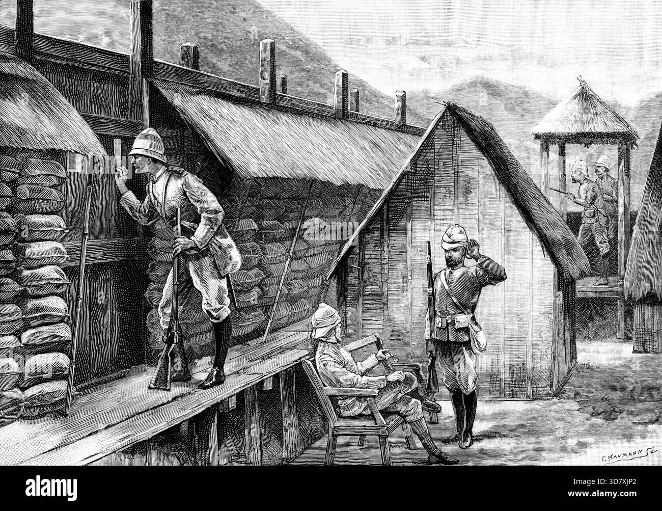 L'expédition Chin-Lushai : un point de vue avant-poste à Yawhi, 1890. La fin de cette campagne militaire réussie a été signalée le 3 mai, avec le départ du brigadier-général Symons de Haka, le poste principal qui sera maintenu à l'avenir sur la route nouvellement construite entre les hauts plateaux de Lushai, au-dessus des rives du golfe du Bengale, et la frontière ouest de la haute Burmah. Un correspondant à Fort White, avec la colonne nord de la force d'expédition Chin - à savoir, le lieutenant W. Hussey Walsh, du régiment du Cheshire - nous a envoyé quelques croquis, le 19 mars, représentant un conflit Banque D'Images