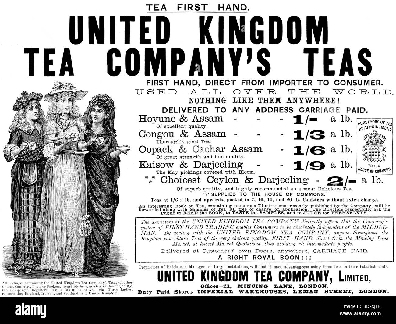 Publicité pour les thés de United Kingdom Tea Company, 1890. 'DE PREMIÈRE MAIN, DIRECTEMENT DE L'IMPORTATEUR AU CONSOMMATEUR. UTILISÉ PARTOUT DANS LE MONDE !...HOYUNE et ASSAM d'excellente qualité...CONGOU et ASSAM très bon thé...OOOPACK et CACHAR ASSAM d'une grande force et d'une qualité fine...KAISOW et DARJEELING les cueillettes de mai couvertes de fleurs...CHOICEST CEYLAN et LE PLUS FIN DARJEELING...de QUALITÉ SUPERBE, et fortement recommandé comme THÉ le plus DÉLICIEUX *** FOURNI À LA CHAMBRE des COMMUNES...en traitant avec LA COMPAGNIE de THÉ du Royaume-UNI de THÉ, n'importe qui peut obtenir DES thés de la plus CHOICEST LE plus de LA plus de LA plus de LA plus de LA plus GRANDE qualité Banque D'Images