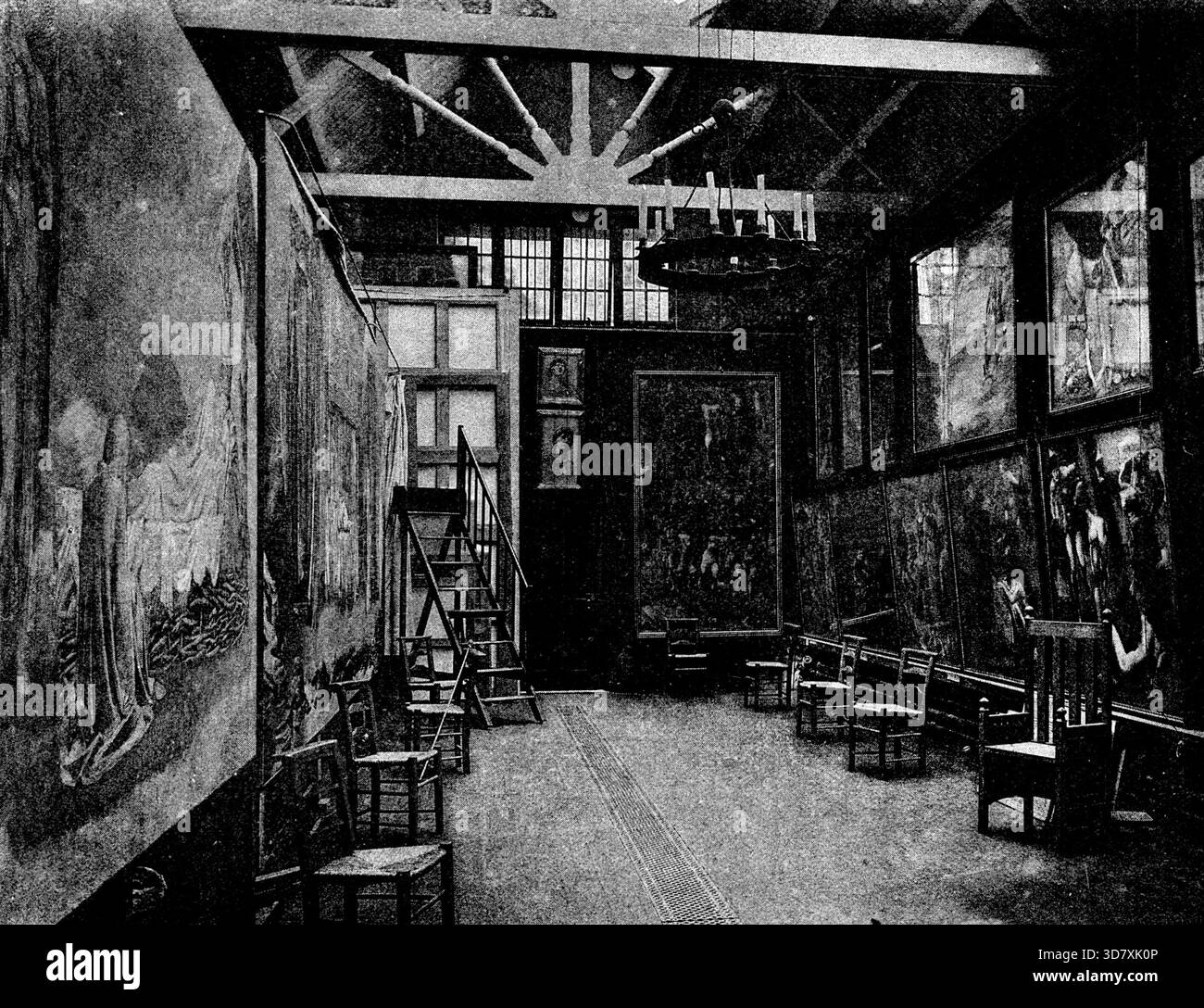 Le studio de Sir E. Burne-Jones, 1895. « Bien que Sir E. Burne-Jones ait consacré beaucoup de temps à rendre de belles églises, maisons et bâtiments publics, il n'a jamais été possédé de ce désir de transformer son studio en un salon luxueux... au Grange, à Hammersmith, une maison à l'ancienne dans un grand jardin,... tout dans les studios est arrangé avec un souci d'affaires. Attaché à la maison est le plus petit studio ou maison, dans lequel le peintre travaille généralement le soir, en particulier lorsque des amis tombent ou que sa famille est réunie autour de lui. En règle générale, cependant, ses plus grandes images le sont Banque D'Images