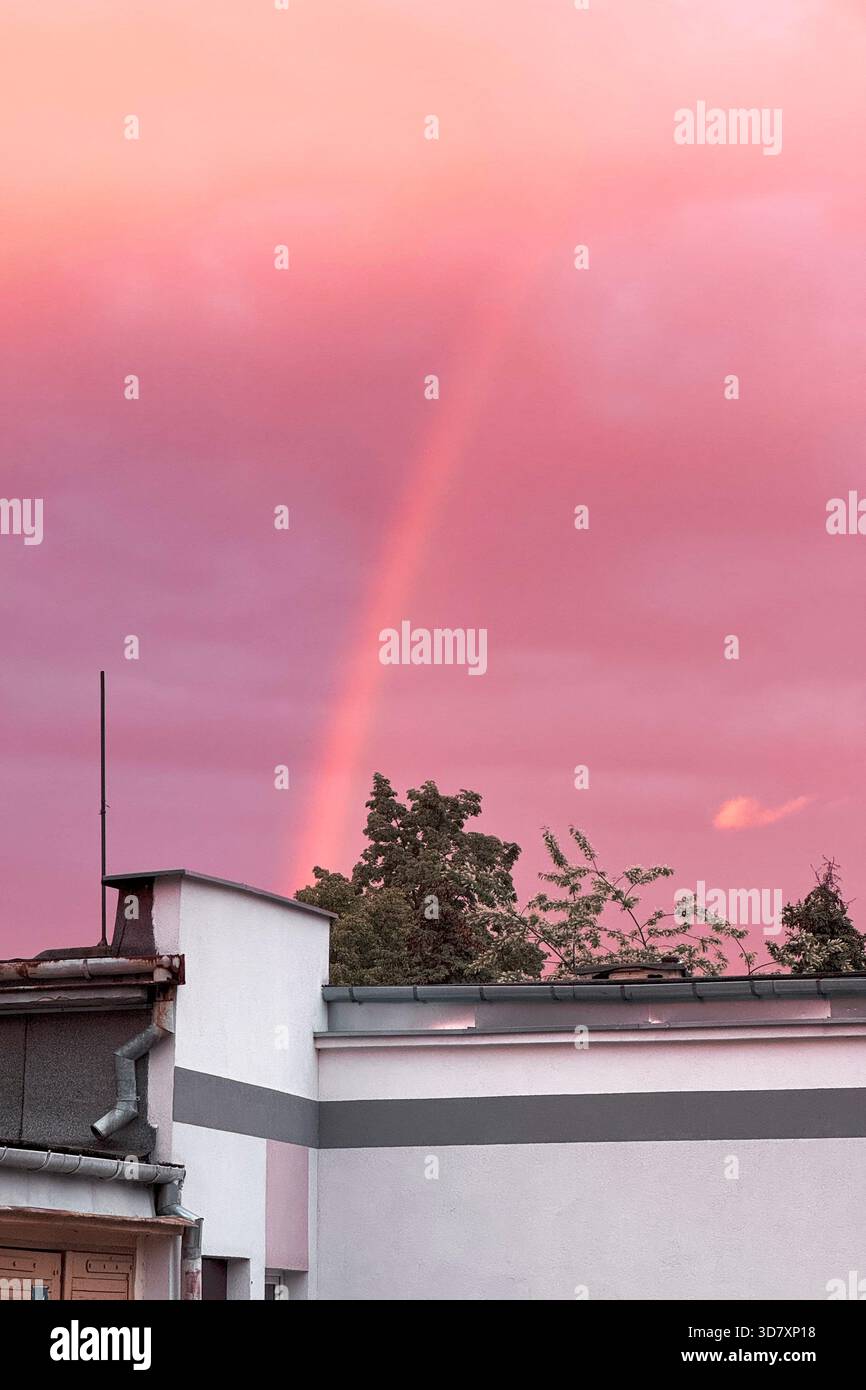 Plan vertical saisissant capturant un arc-en-ciel faible sur un ciel rose et violet spectaculaire, avec le sommet d'un bâtiment et des arbres luxuriants au premier plan. Banque D'Images