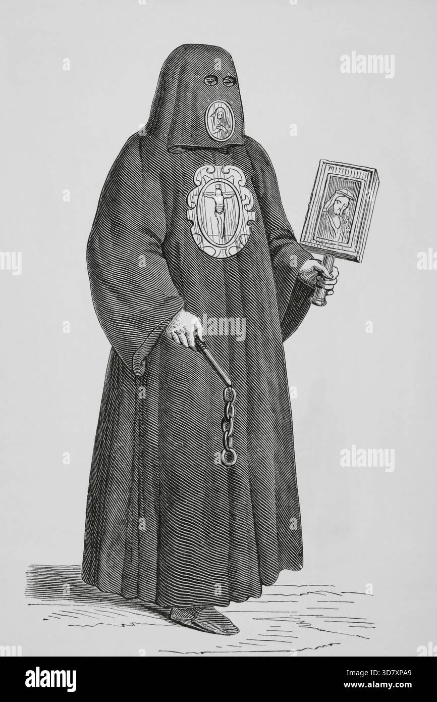 Membre de la Fraternité de la mort à Venise, 1878. Ils ont accompagné les condamnés à mort et les ont enterrés. Une des sept œuvres de la miséricorde corporelle. D'après Cesare Vecellio (1530-1601) dans "de gli habiti antichi et moderni di diversi parti del mondoi". Venise, 1590. Extrait de "moeurs, usages et costumes au moyen-&#xe2;GE et &#xe0 ; l'&#xe9;poque de la Renaissance" de Paul Lacroix, Paris, 1878. Banque D'Images
