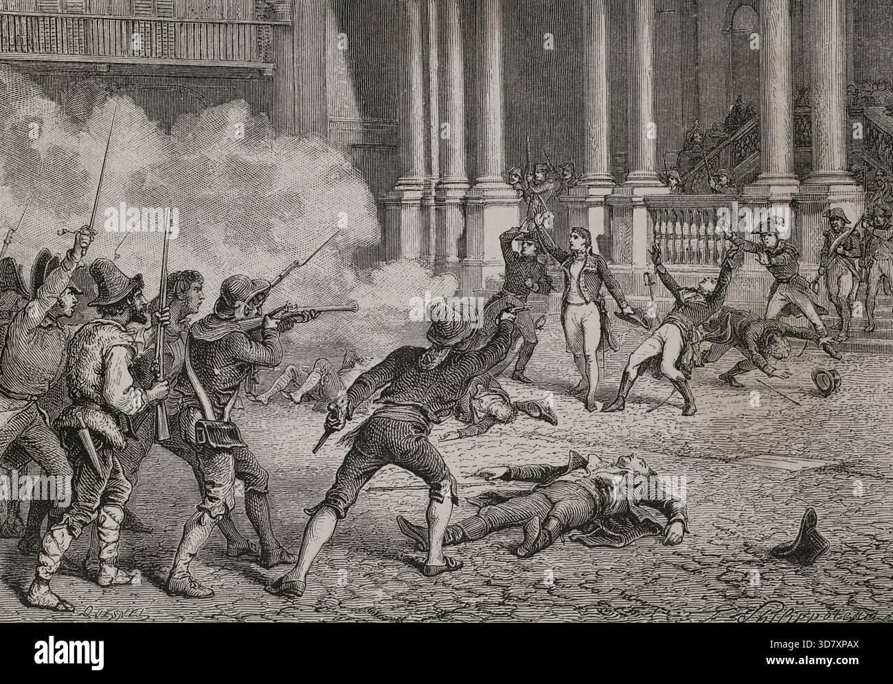 Décès du général Duphot (1769-1797) à Rome le 28 décembre 1797, lors d'une émeute entre troupes pontificales et partisans français, 1879. Dans les environs de la légation française, en présence de Joseph Bonaparte. Le pape Pie VI présente des excuses formelles au Directoire français le lendemain, mais elles ne sont pas acceptées, et Napoléon s'en sert comme prétexte pour envahir Rome, abolir les États pontificaux et établir la République de Rome. Extrait de "histoire de la Révolution française" volume I, 2e partie, 1879. Banque D'Images