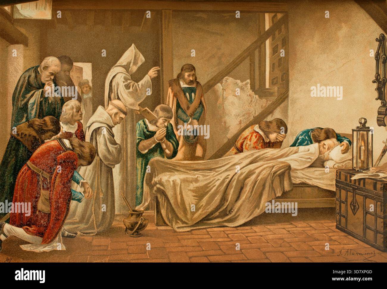 Mort de Colomb, Christophe Colomb (1451-1506), navigateur, cartographe, amiral, vice-roi et colon des Amériques, 1890. Banque D'Images