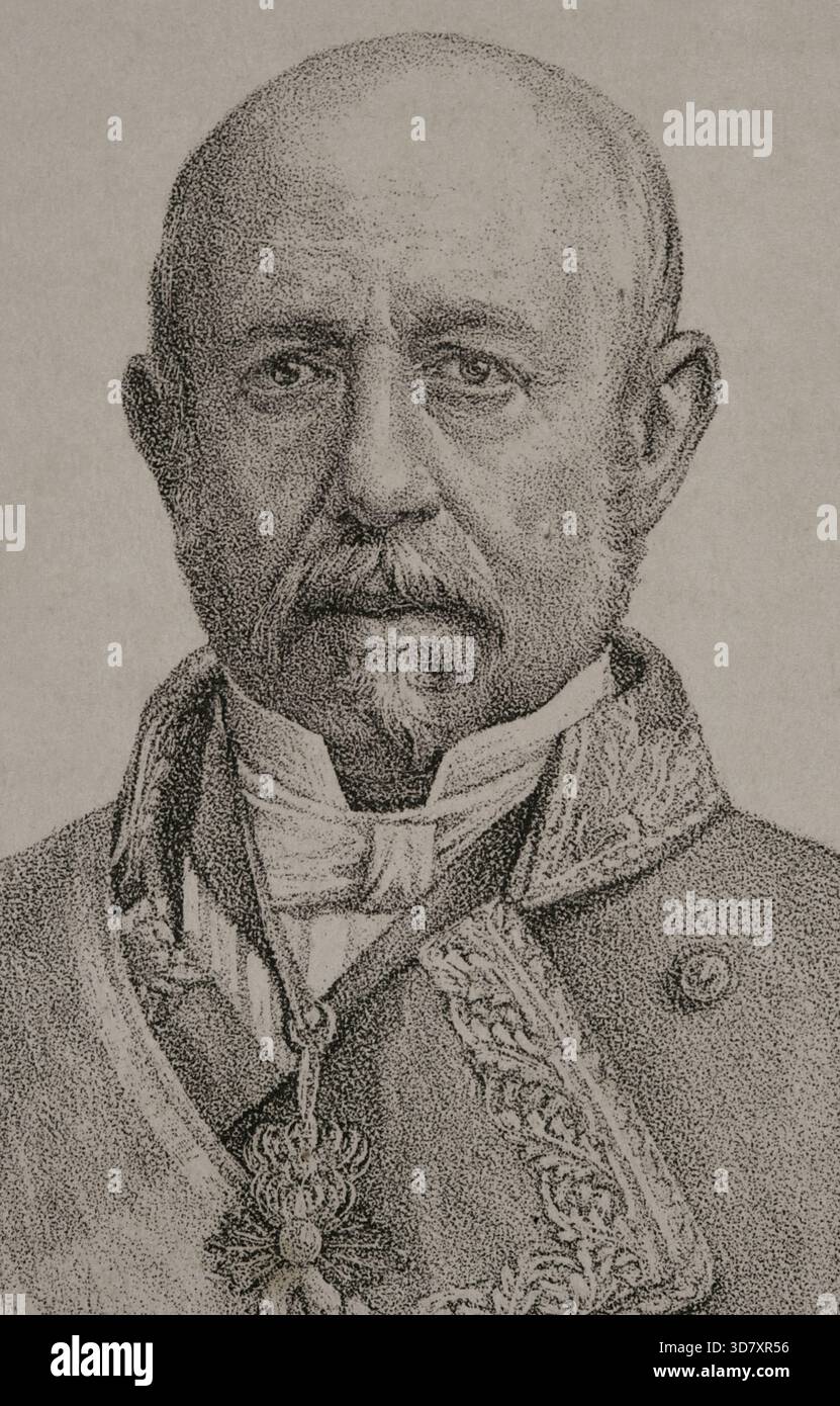 RAMón María Narváez (1799-1868). Général et homme politique espagnol, 1869. Détail. 1er duc de Valence. Chef du Parti modéré sous le règne d'Isabelle Ier premier ministre d'Espagne à sept reprises entre 1844 et 1868. Extrait de "Historia de la Guerra civil y de los Partidos Liberal y Carlista" (histoire de la guerre civile et des partis libéral et carliste), volume V, 1869. Banque D'Images