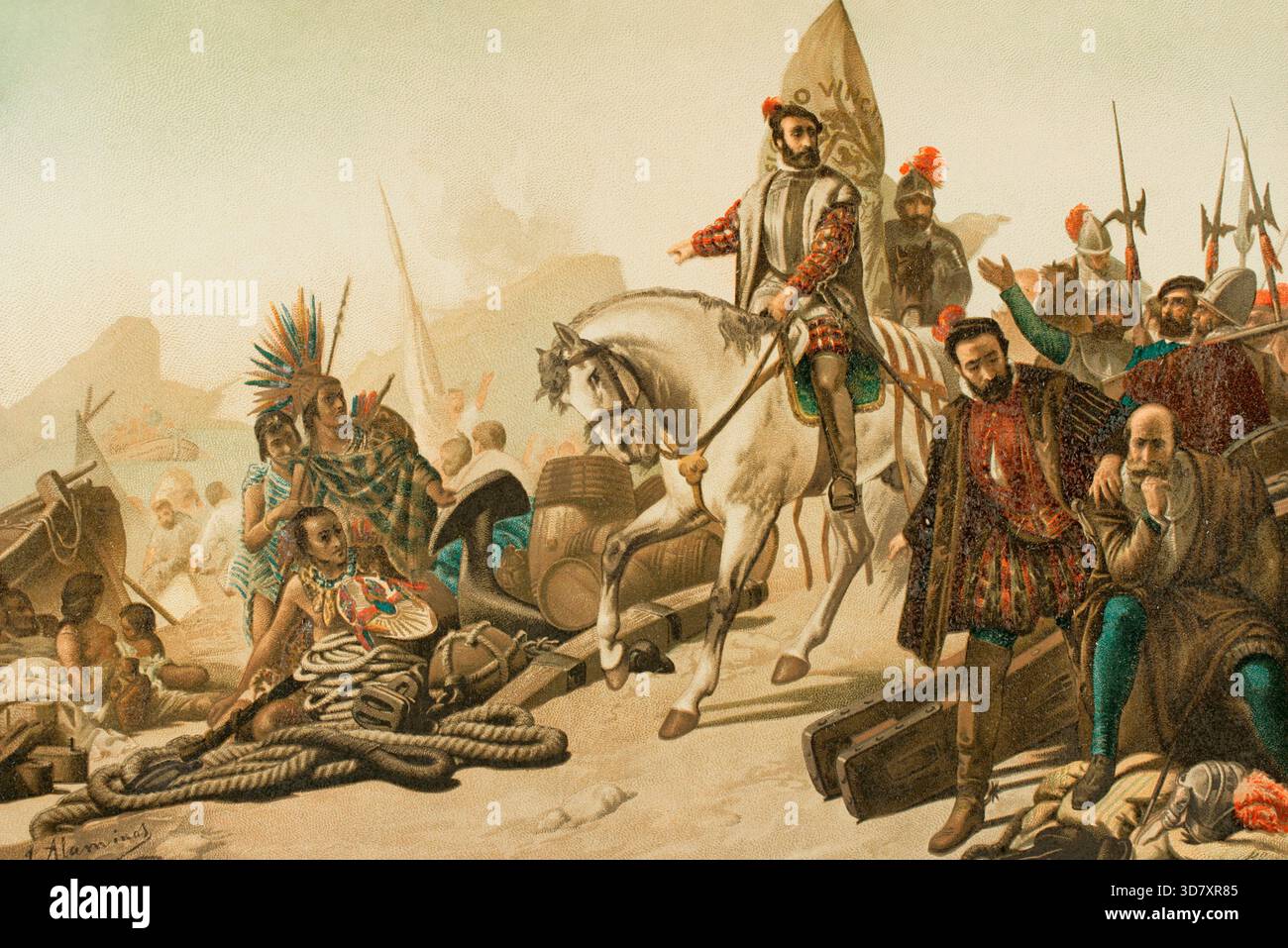 Destruction de la flotte - incendie de leurs navires, Empire aztèque, 1890. Hernán Cortés (1488-1547), conquistador espagnol de l'empire aztèque. Il décida de couler ses navires, ancrés dans la ville de Villa Rica de Veracruz, afin d'éviter les désertions entre ses propres compagnons. Copie d'après un tableau de Francisco Sanz. Extrait de "Historia General de España" de Miguel Morayta, vol III, Madrid, 1890. Banque D'Images